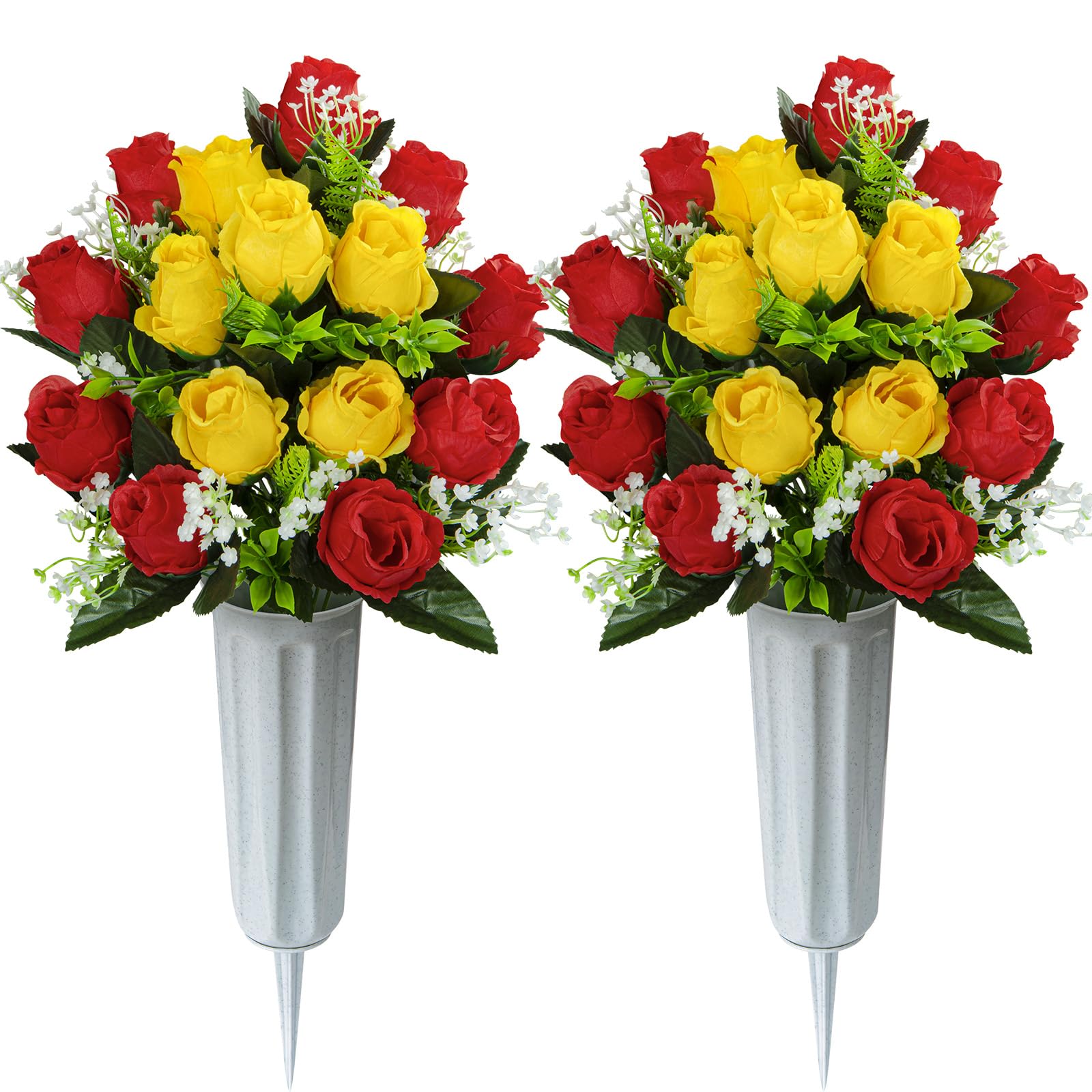 SIFOEL Set of 2 Artificial Grave Memorial Flowers Cemetery Flowers Rose Bouquet with Vase for Cemetery Graveyard Headstones Decoration (Red&Yellow)