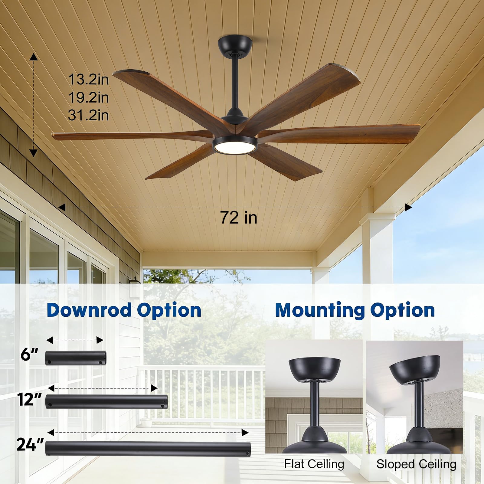 72 Smart Outdoor Ceiling Fan with Light via Wifi Alexa Modern Farmhouse Wood Ceiling Fan Propeller Damp Rated — view 9
