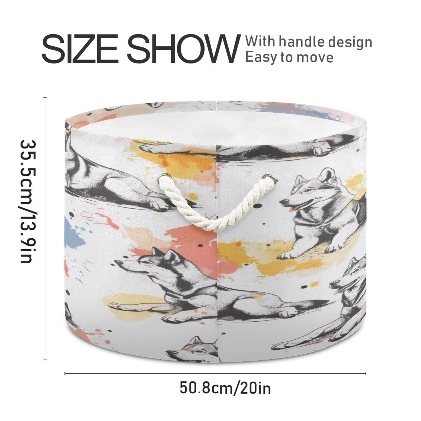 Jihqo Cute Husky Dogs Storage Basket Cotton Rope Baskets for Closet Fabric Laundry Baskets with Handle for Toy Home Office Room Organizer