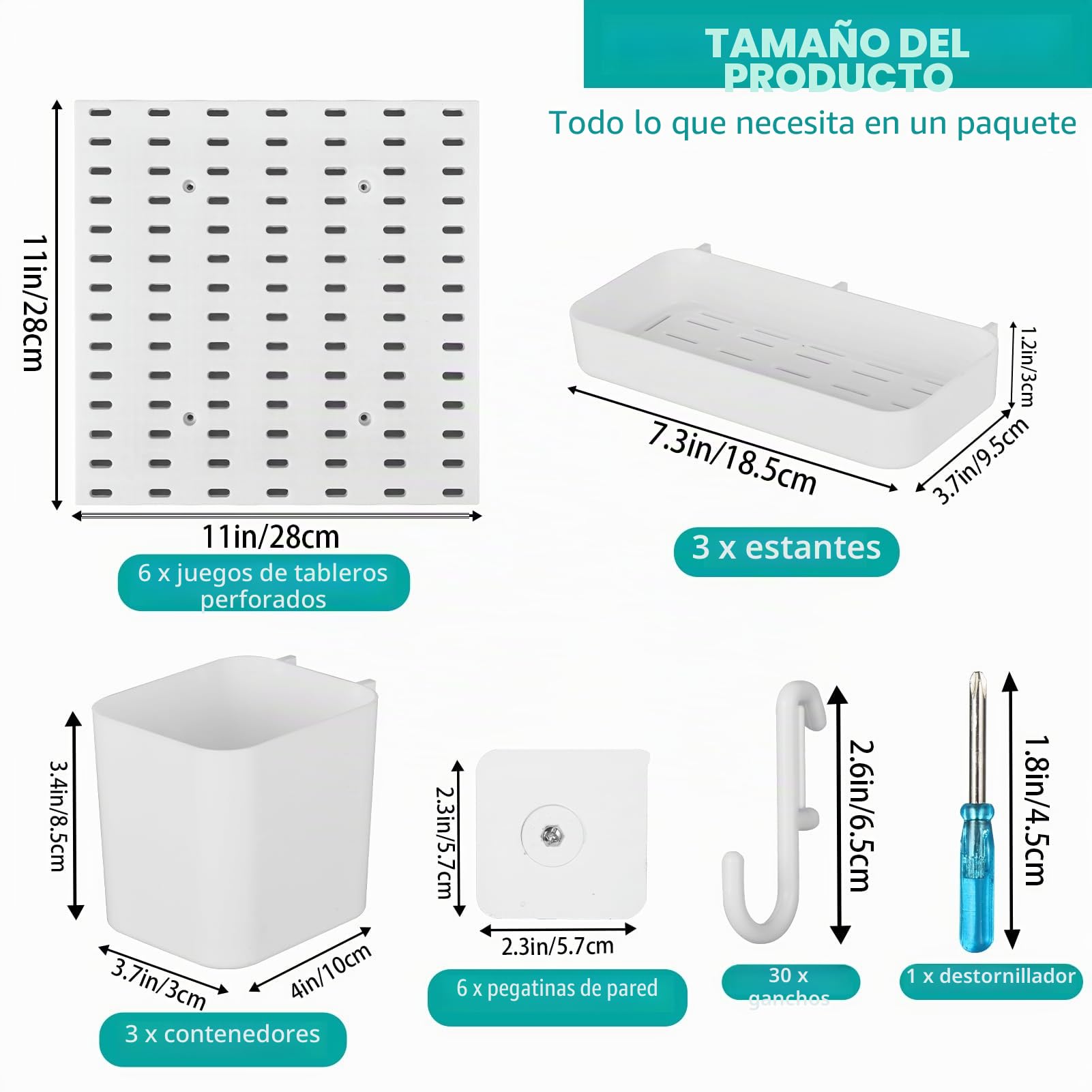 Kit de 42 tableros perforados, 6 tableros de clavijas 28x28 cm, organizador de pared de plástico
