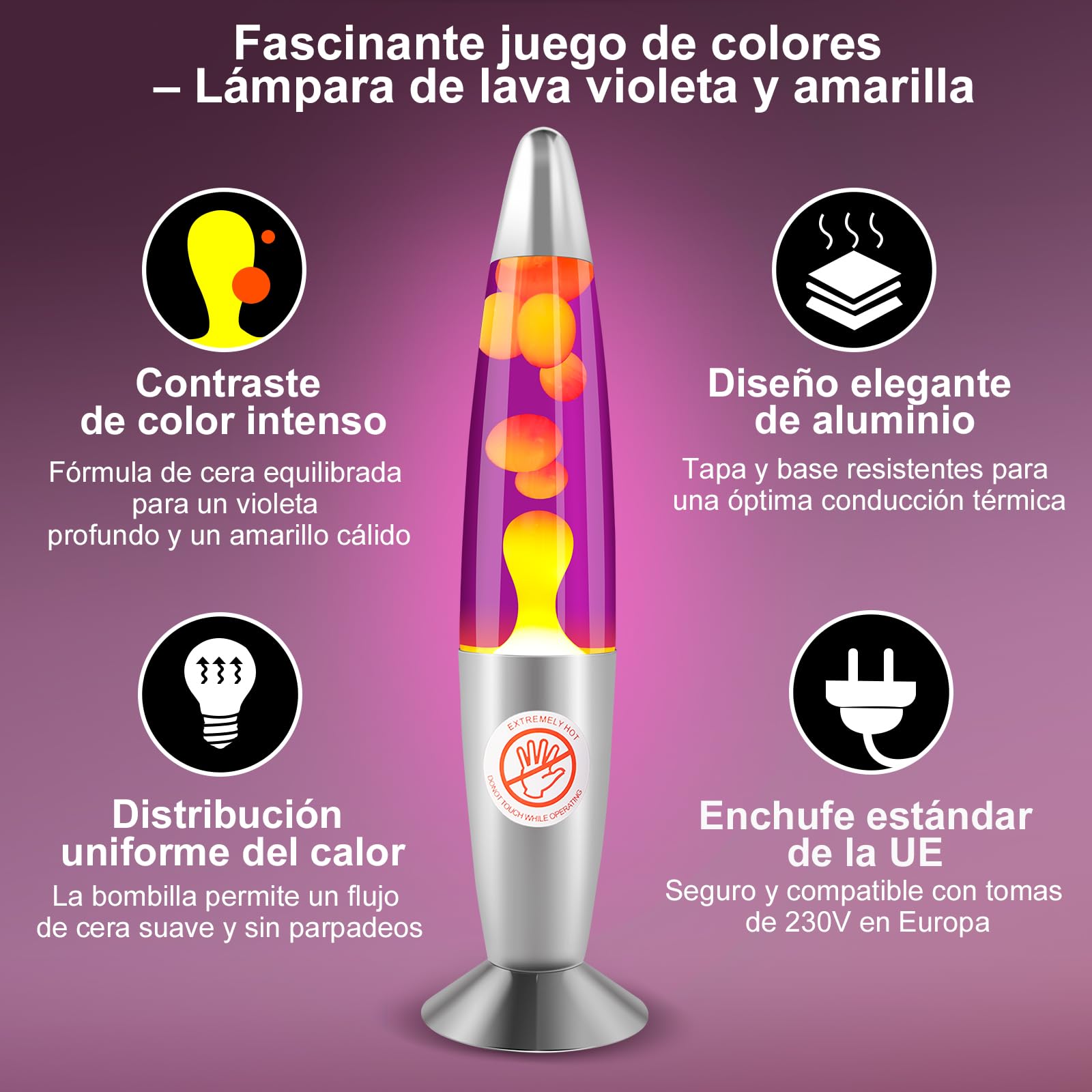 Lámpara de lava retro 34 cm violeta y amarilla – decorativa y relajante, aluminio y vidrio – para dormitorio y salón, regalo original – E14 R39 25 W, 2 bombillas incluidas