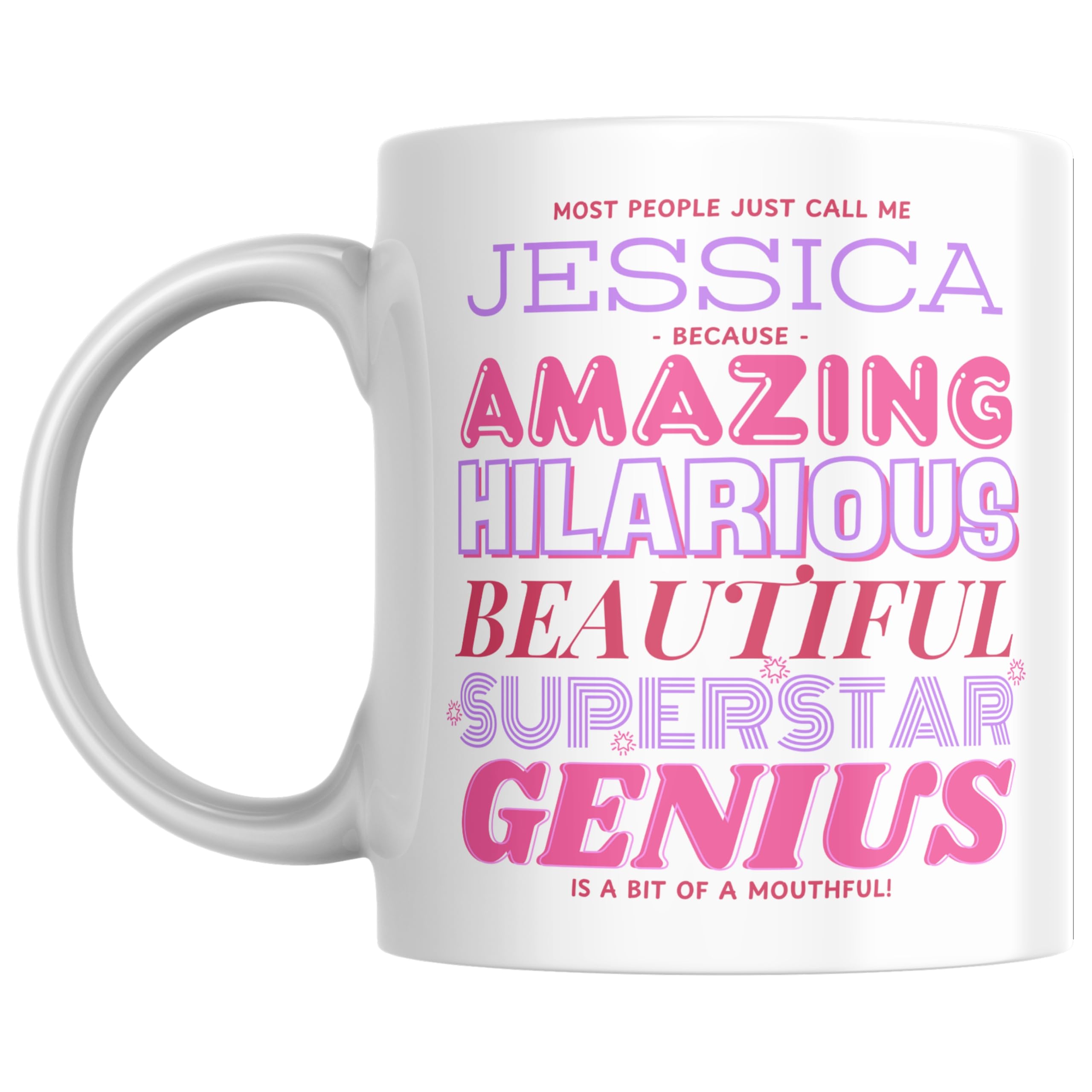 Designs of note! Jessica Personalised Ceramic Mug | “Most People Just Call Me Jessica” Funny Novelty Name Mug for Her | Light-Hearted Gift for Women or Girls (Pink)