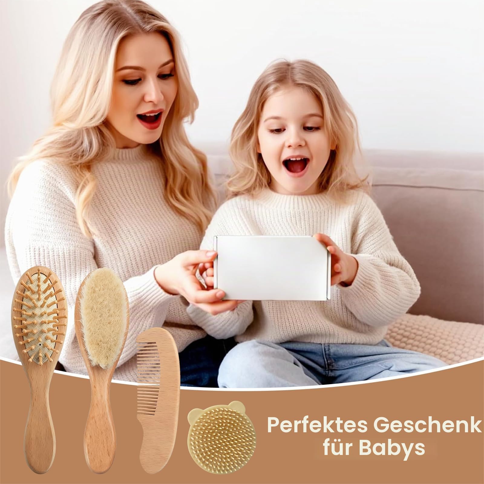 4 teiliges Baby Bürsten und Kamm Set aus Naturholz, Baby Haarbürste mit weichen Ziegenborsten für Neugeborene, Milchschorf Bürste zur Kopfhautpflege, Perfektes Baby Erstausstattung Geschenk Set