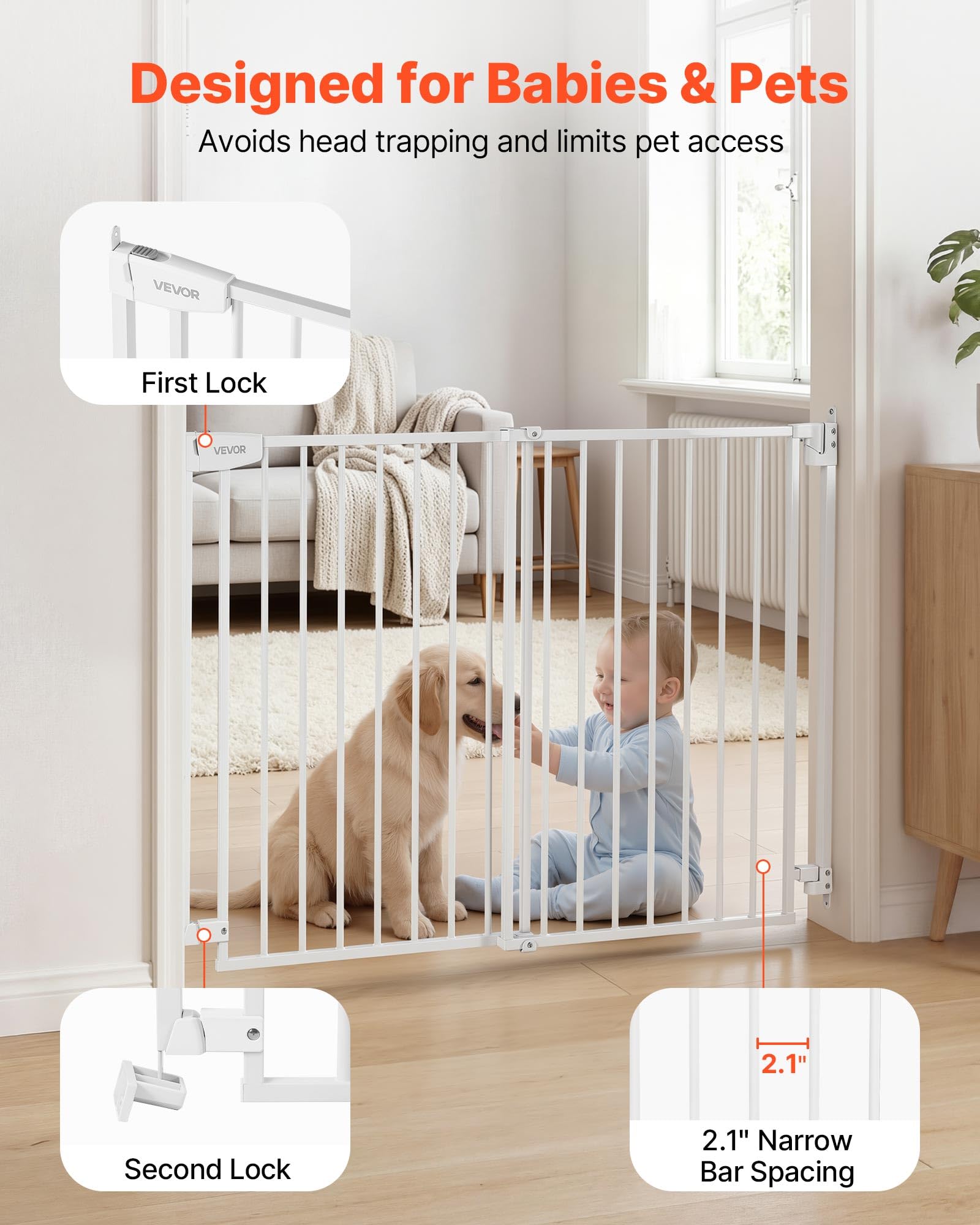 VEVOR Barrera de Seguridad para Niños, Alto de 760 mm, Ajustable de 778-1210 mm, Valla de Seguridad para Mascotas, Cierre Automático Apertura 180° Bloqueo Doble, Kit de Instalación, para Escaleras
