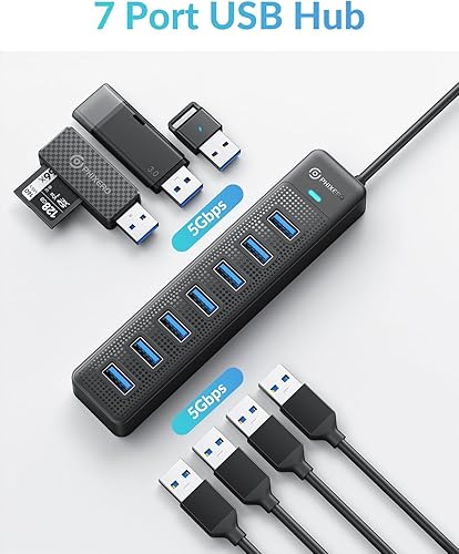 Miniatura 2 de PHIXERO Concentrador USB de 7 puertos, 3.3 pies3.3 ft de largo Cable USB 3.0 Hub Hub Multi USB Hub Adaptador de Extensión USB Divisor USB Hub USB