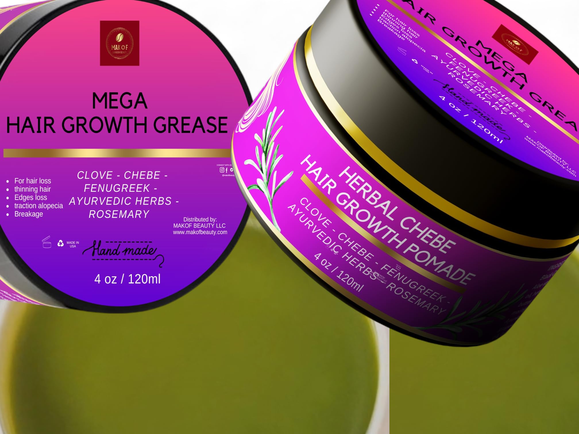CHEBE MAGIC HAIR GROWTH GREASE, with Organic Chebe from Chad, Rosemary, Moringa leaf and Ayurvedic herbs. Stimulate scalp for Rapid Growth. For All Hair Types 4 oz (120ml)