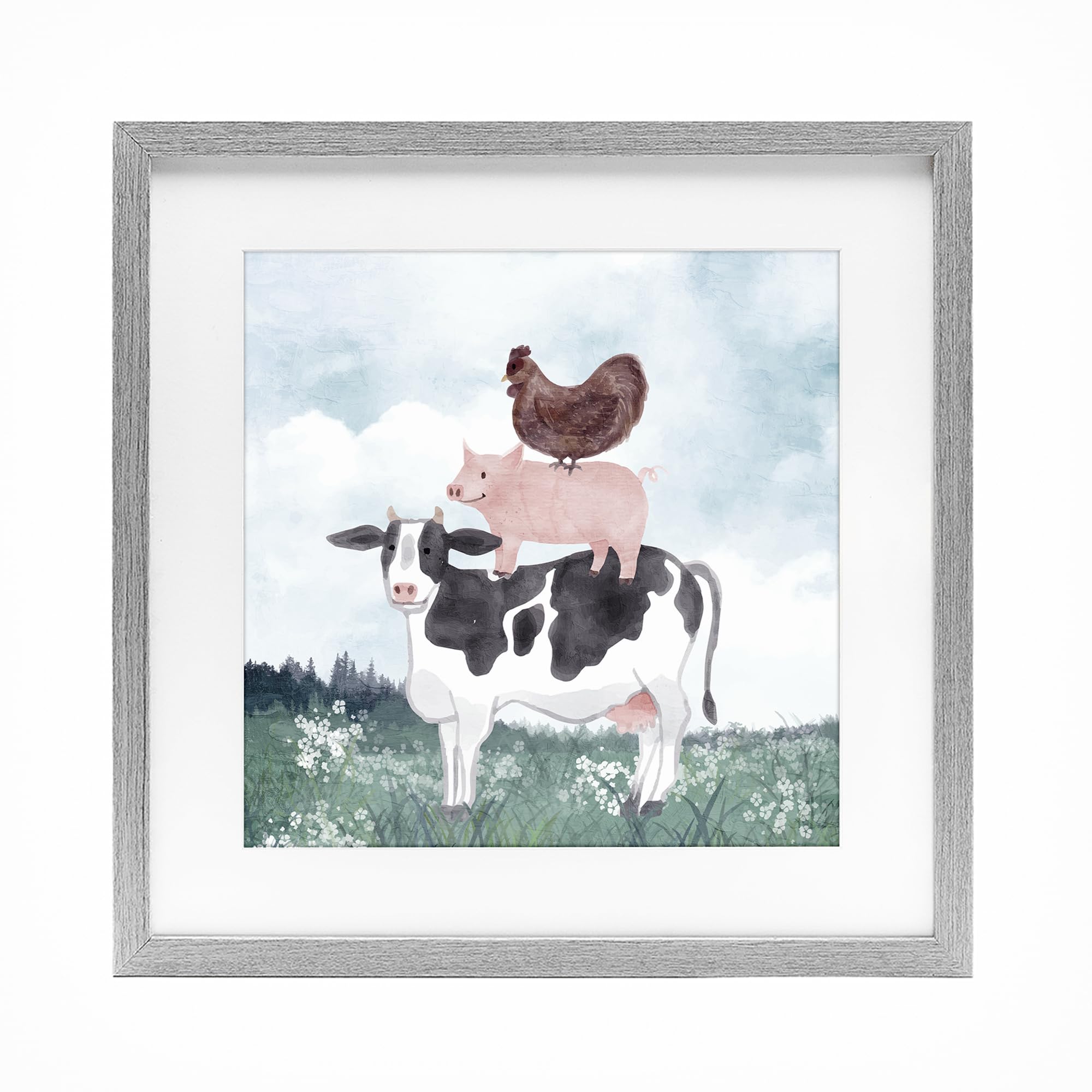 Stupell Industries Muted Stacked Farm Animals_v1 'Muted Stacked Farm Animals', Framed Print Under Glass, Gray, 13 X 13 Inches, Easy To Hang And Sturdy, Made In Usa, By Kim Allen