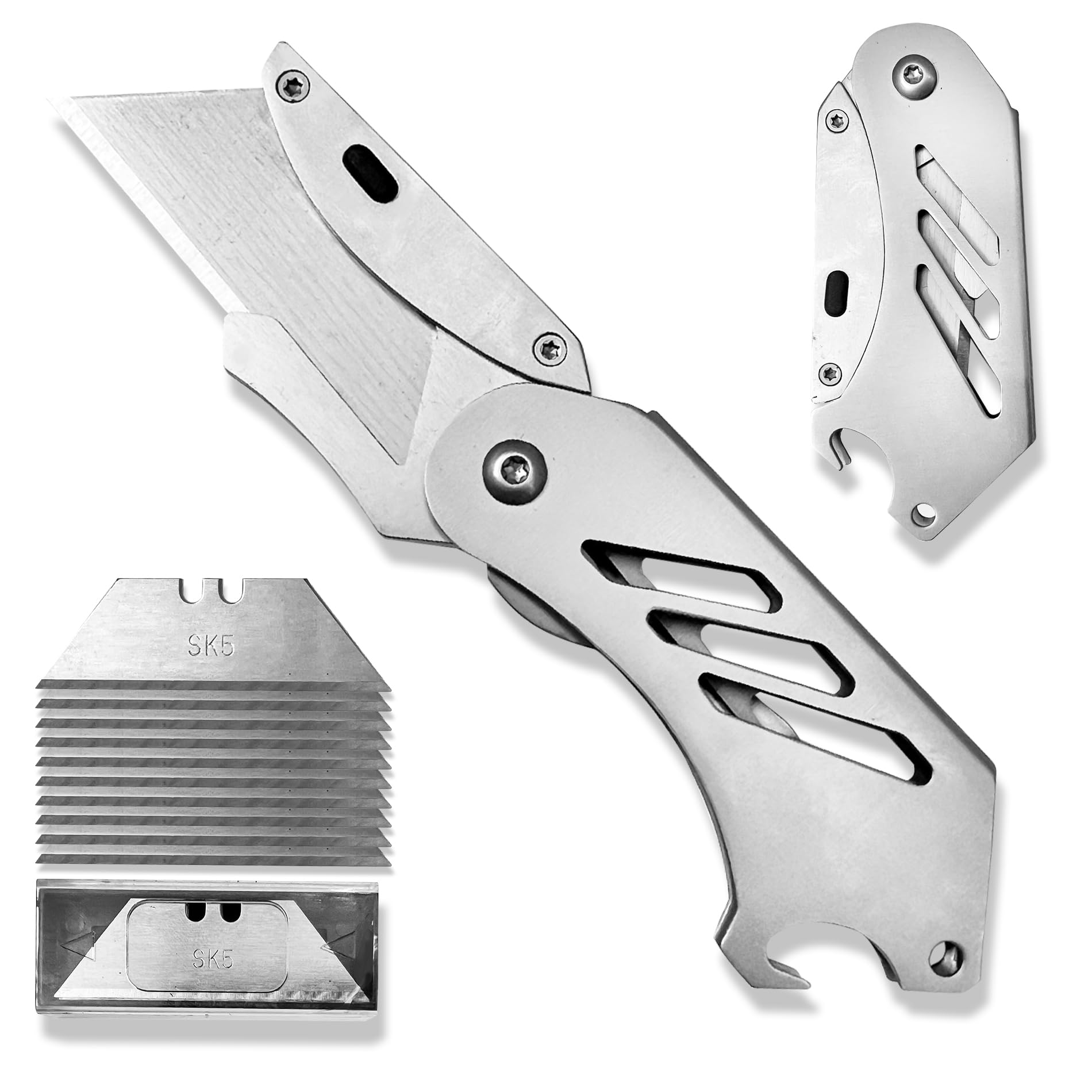 1 piezas Cúter Plegable, Cuchillo Utilitario, Cuchillo Plegable, Cúter Profesional, Equipado con 10 cuchillas reemplazables de acero inoxidable 420, ideal para cortar plástico, madera, papel(Plateado)