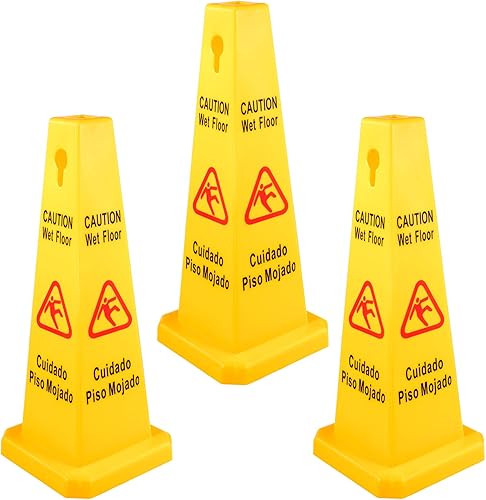 BestEquip Paquete de 3 letreros de cono de seguridad amarillo de precaución para suelo mojado de 4 caras, letrero húmedo para suelo de seguridad