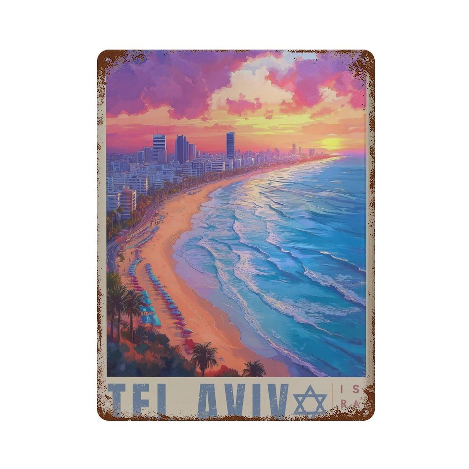 xiaoxiaoshen Mediterranean Tel Aviv Wall Decor Art Metal Tin Poster Modern Home Decor Art Home Bar Shop Decorations Vintage Sign 40x30cm