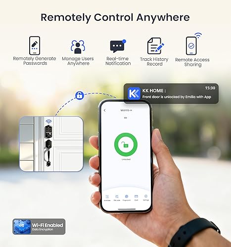 Miniatura 3 de Veise VE017G-H - Juego de cerradura inteligente de huellas dactilares para puerta delantera, control remoto, cerrojo de entrada sin llave con asa,
