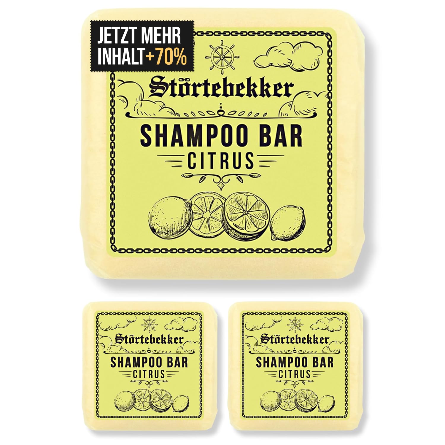 Störtebekker® Premium Shampoo Bar Citrus (3x) - Festes Shampoo Herren & Damen - 3in1 Duschseife Männer für Haare, Kopfhaut & Bart - Feuchtigkeitsshampoo - vegan, handgefertigt - 3x100g