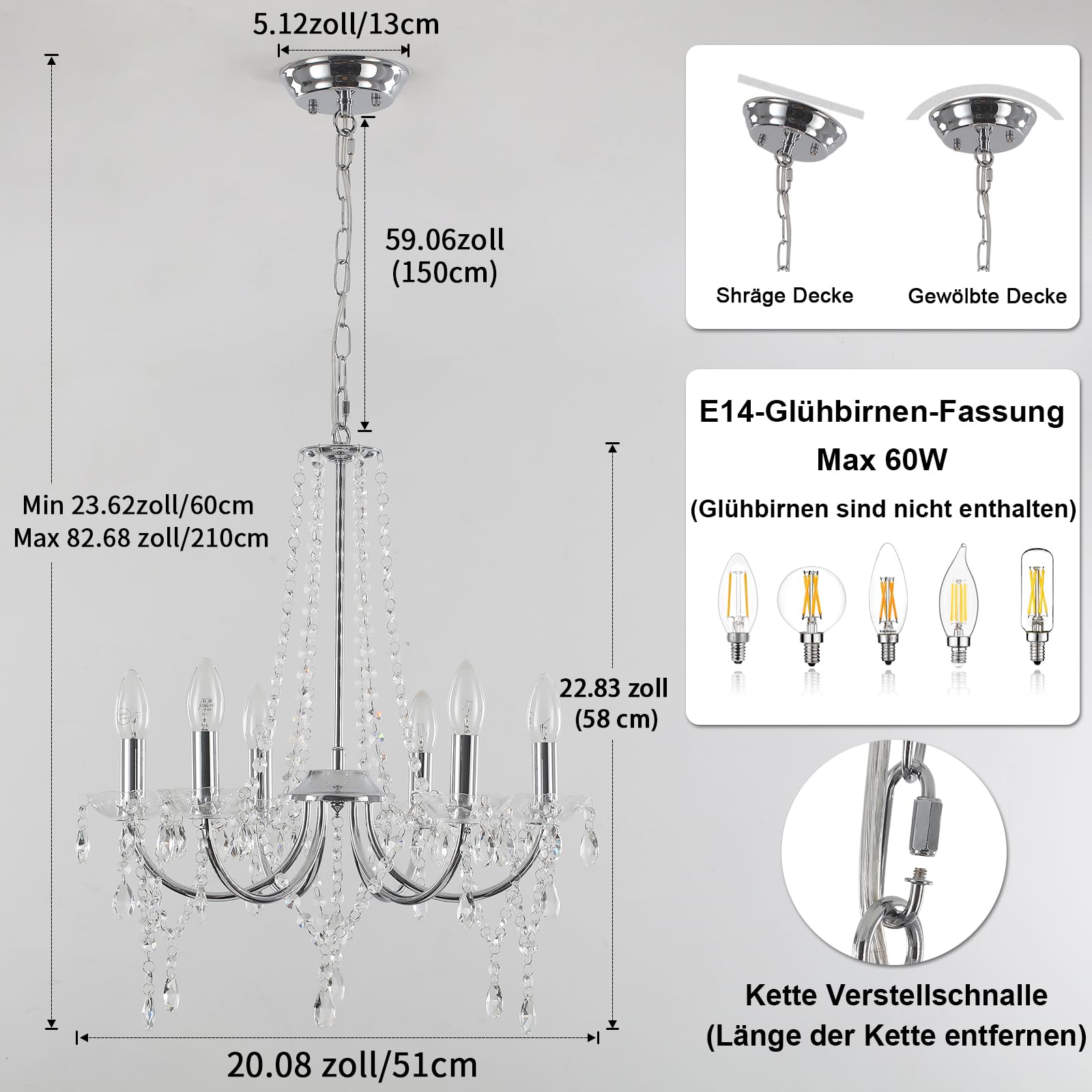 Modern Kronleuchter Kristall Silber 6 Flammig Kronleuchter Vintage Chrom | Hängeleuchte Kristall Hängelampe Vintage Pendelleuchte Esstisch Kristall Lampe Kronleuchter Wohnzimmer Schlafzimmer Esszimmer