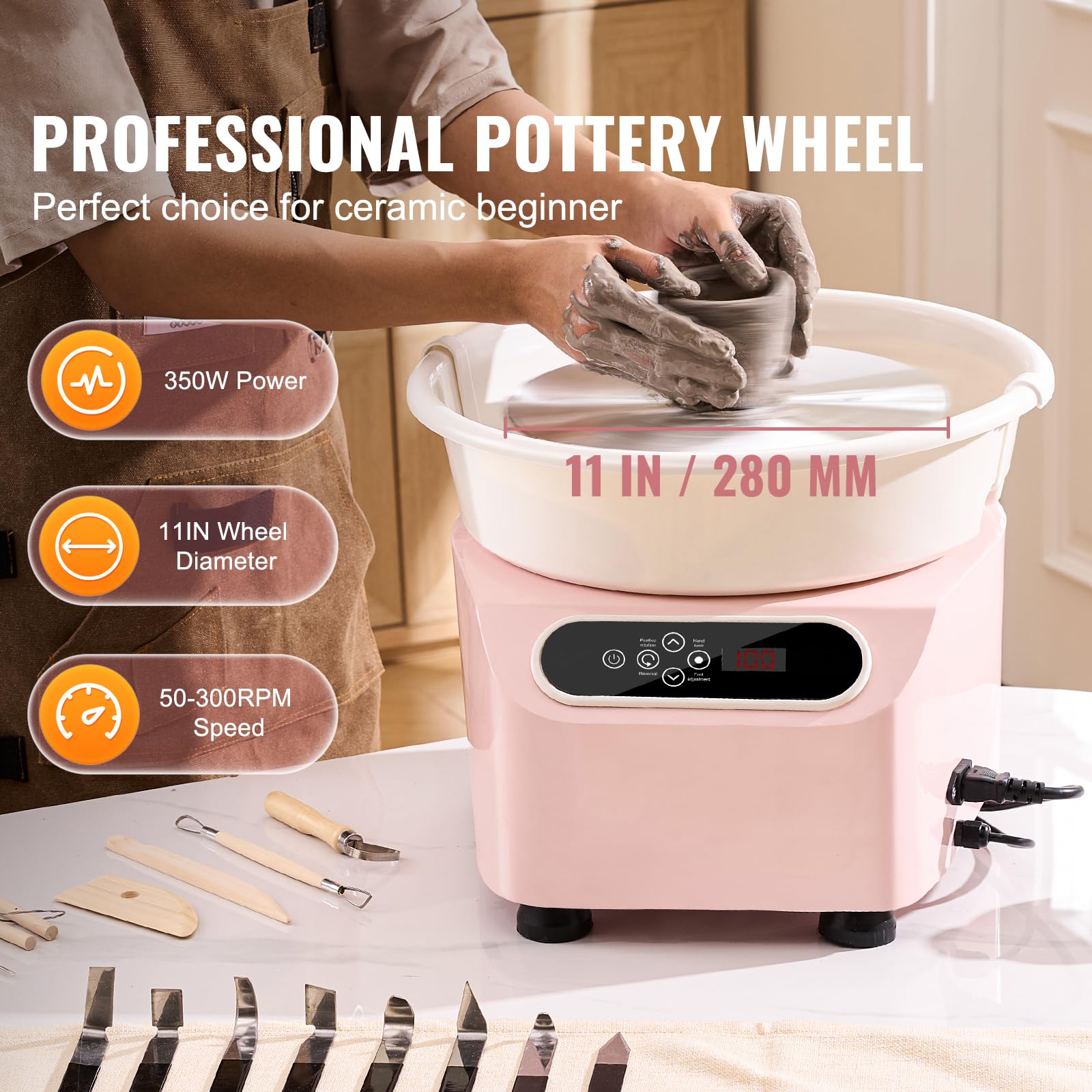 Happybuy 11-Inch Pottery Wheel, 350W Electric Ceramic Forming Machine with Foot Pedal & LCD Touch Screen, Direct Drive, Shaping Tools for DIY Art Craft, Pink
