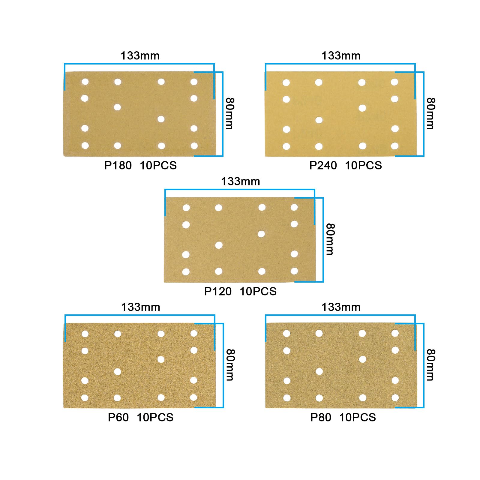 POWERTEC Lot De 50 Disques Abrasifs à 8 Trous, Grain 60, 15,2 Cm