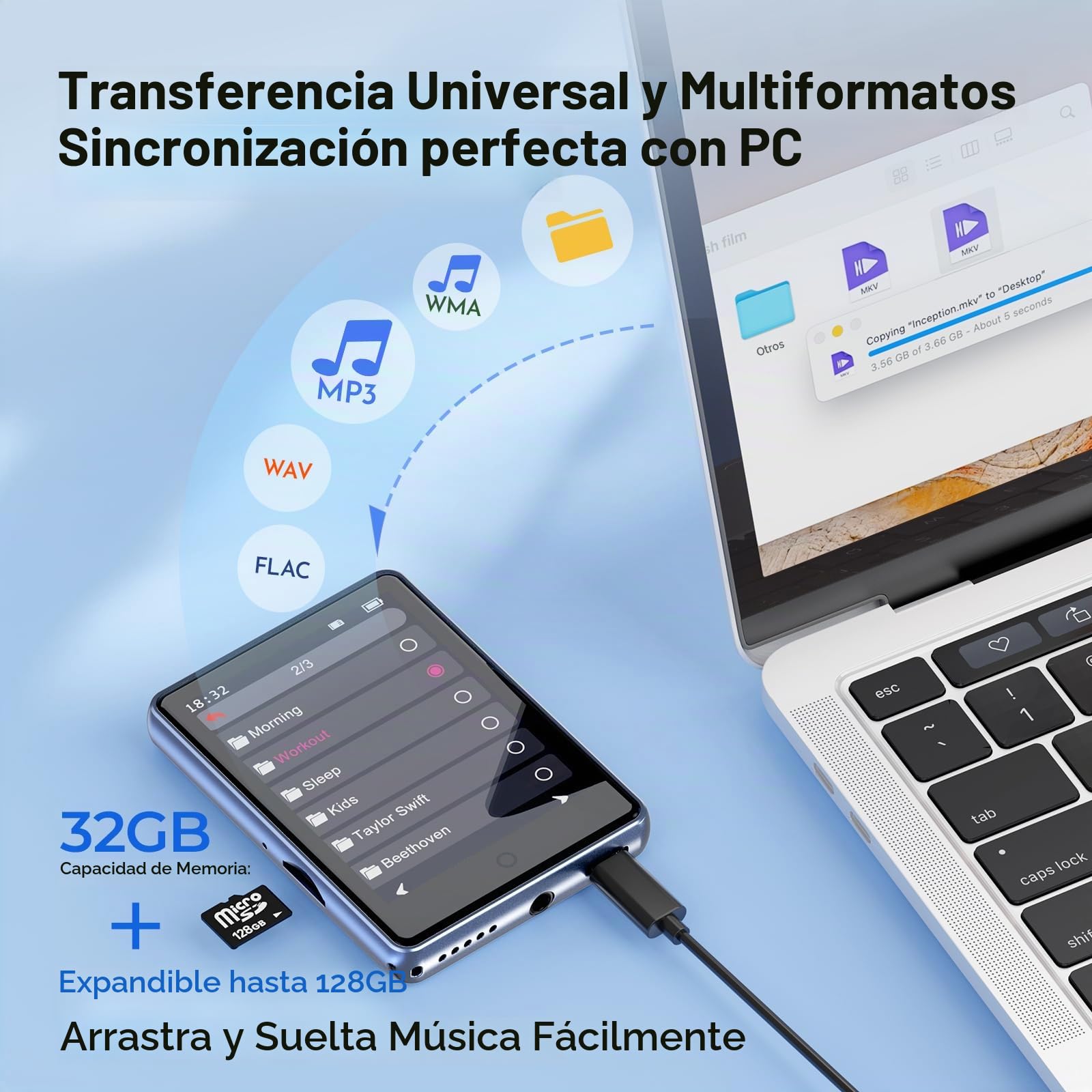 Reproductor MP3 32GB Bluetooth 5.3, Pantalla táctil 2,8"