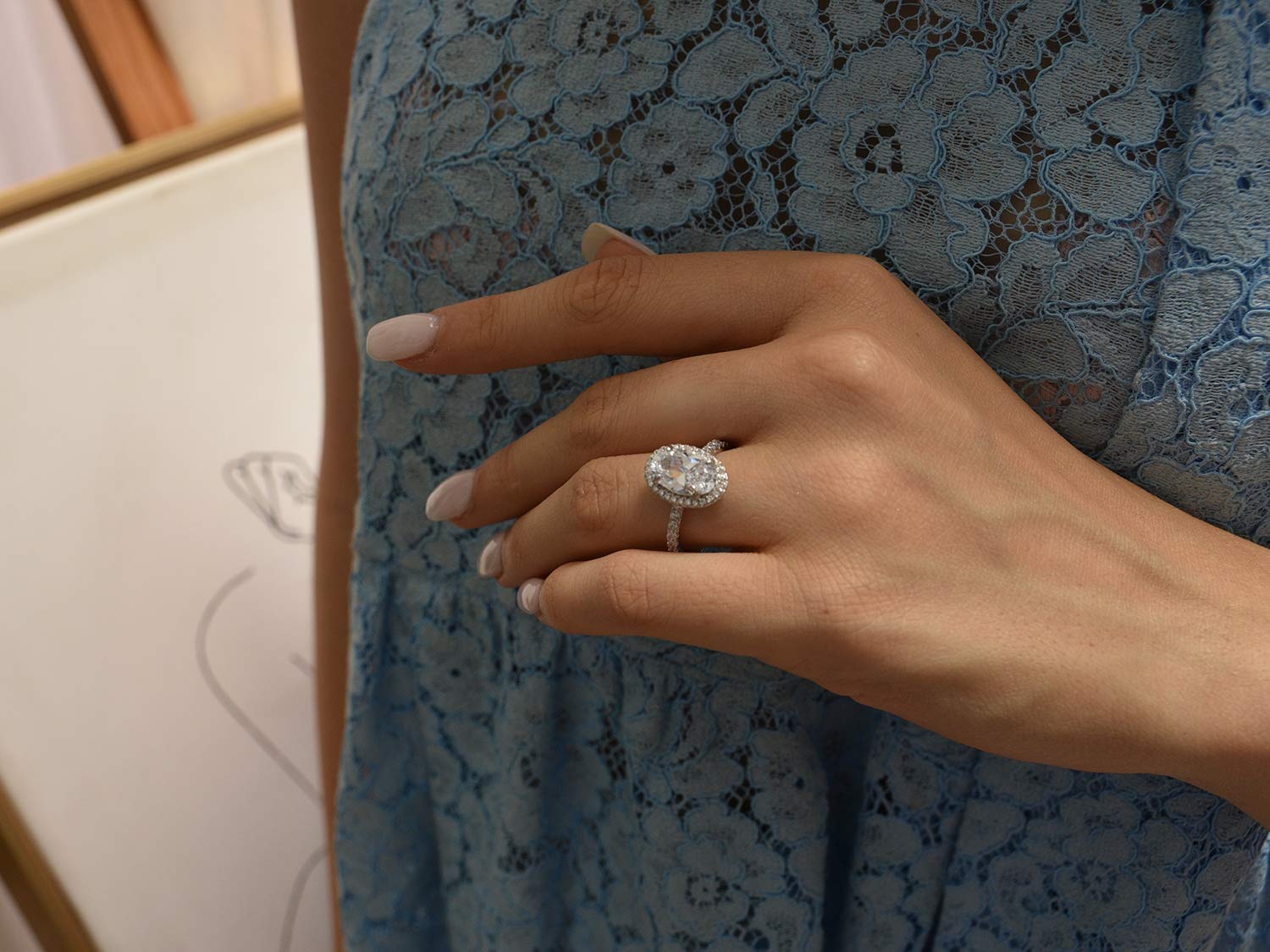 Anillo de compromiso con halo ovalado de 3 quilates con circonita cúbica en plata de ley, Oro blanco, plata esterlina, plata, Zirconia cúbica 3