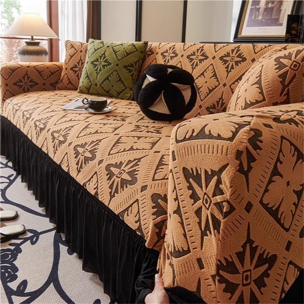 Housse de canapé élastique haut de gamme en tissu peluche et finitions volants