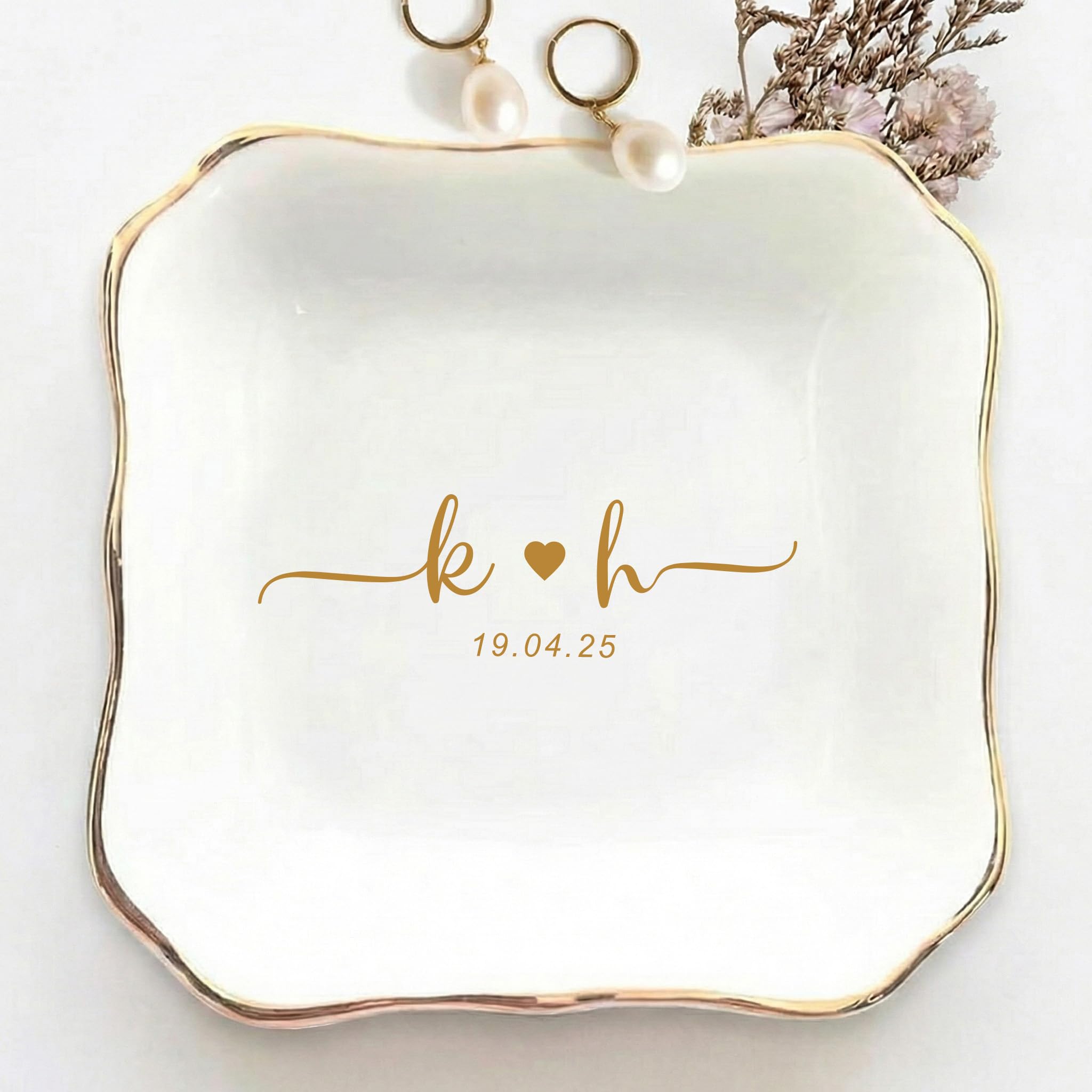 Somare Custom Text Personalised Photo Jewellery Dish For Wife Or Girlfriend, & Name Signature, 4 Inch Ceramic Ring Trinket Dish Tray For Rings Earrings, Romantic Birthday Gift For Her