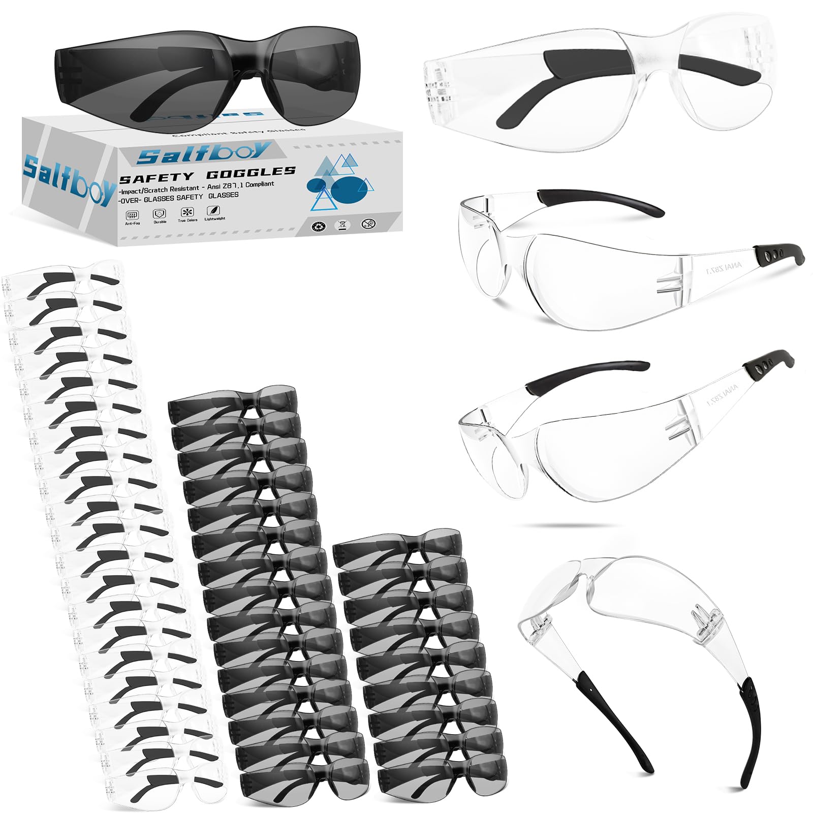 Salfboy Tinted Safety Glasses for Men Women Clear Ansi Z87.1 Eye Protection Scratch and Impact Resistant Protective Eyewear