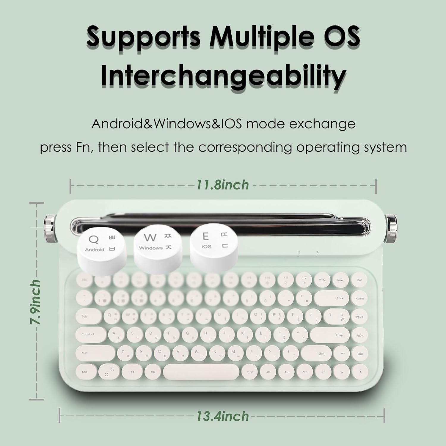 86 Keys Wireless Typewriter Keyboard, Retro Keyboard with Integrated Stand, Bluetooths Keyboard with Cute Round Keycaps for Multi Device for PC (Mint Green)