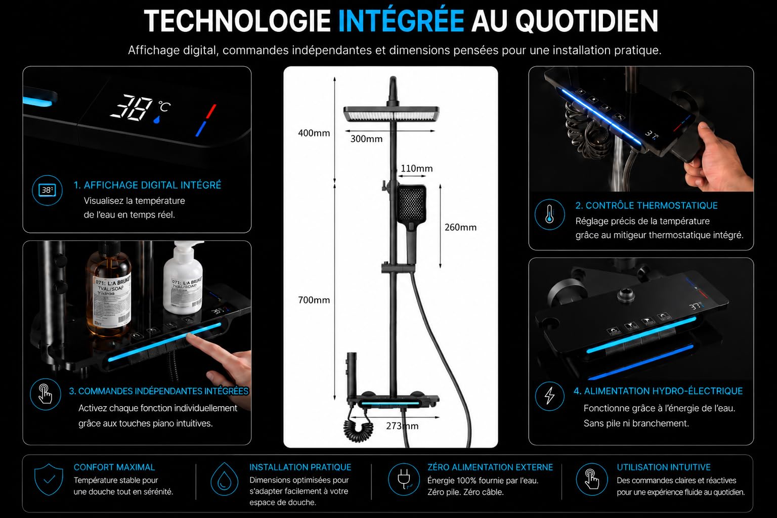 Colonne de Douche Thermostatique Noir 4 en 1 avec Mitigeur Mural | Design Piano, LED Température, Pommeau Pluie & Douchette, Robinet Inclus | Installation Facile pour Salle de Bain Moderne