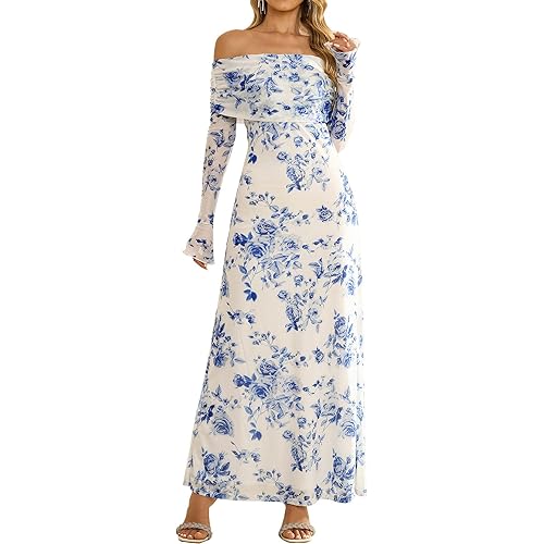 KUTUMAI Women Off Shoulder Bodycon Maxi Dress Long Sleeve Mesh Ruched Party Formal Wedding Guest Dresses