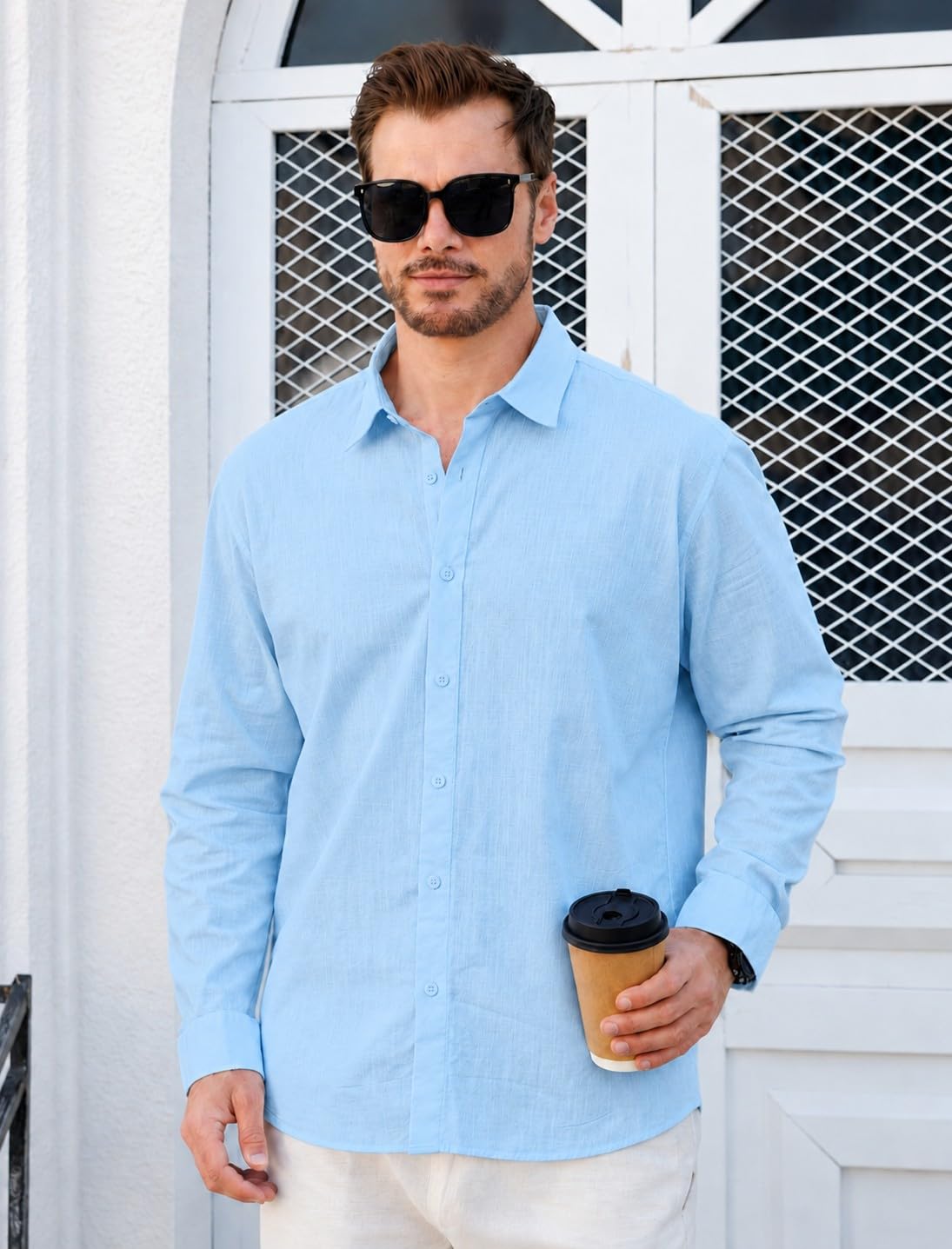 Chemise Homme Manches Longues, Chemise Décontractée Lin-Coton, Coupe Standard, Haut Décontracté d'affaires Casual, Idéale pour Vacances Plage Été