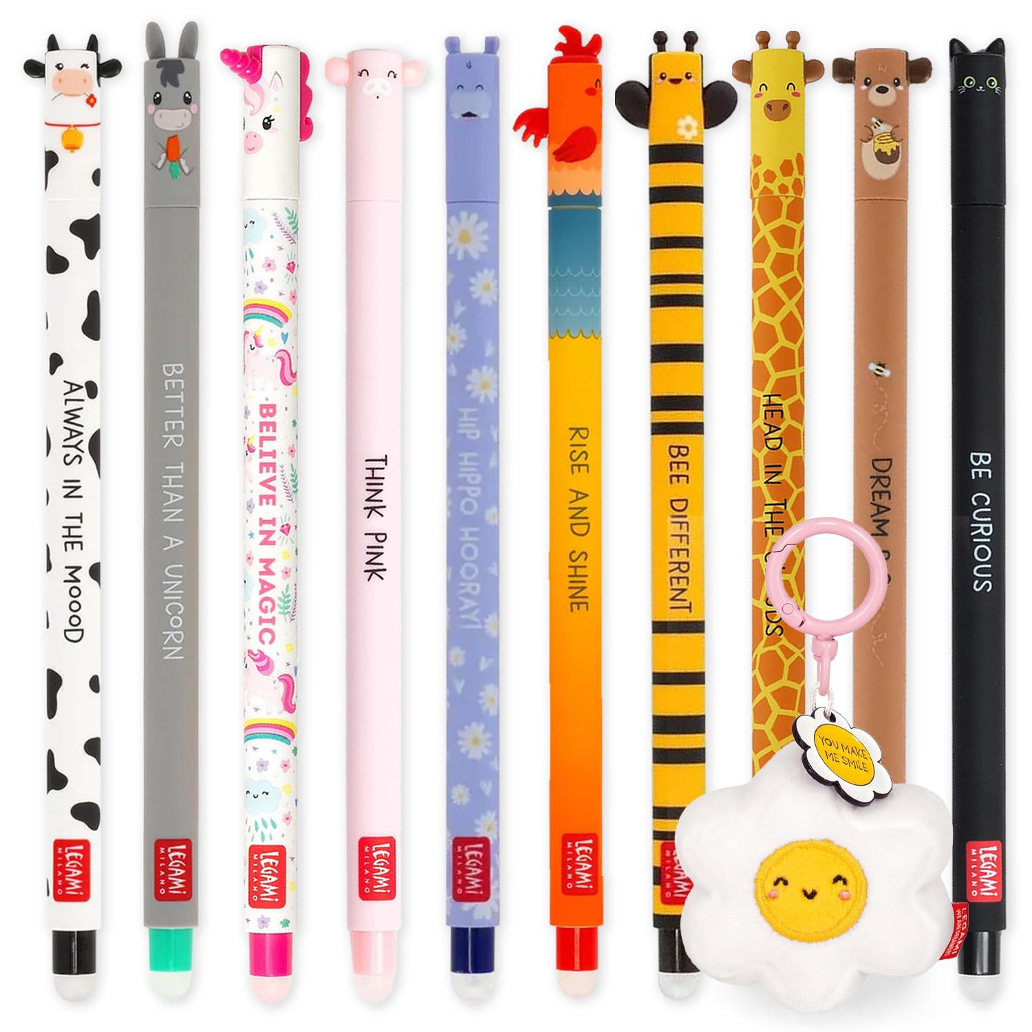 LEGAMI Löschbarer Gelschreiber + Plüsch-Schlüsselanhänger, Geschenkset, 10 Stifte mit thermoempfindlicher Löschtinte, verschiedene Tintenfarben, 0,7 mm Spitze, niedliche Tiermotiv-Designs (Daisy)