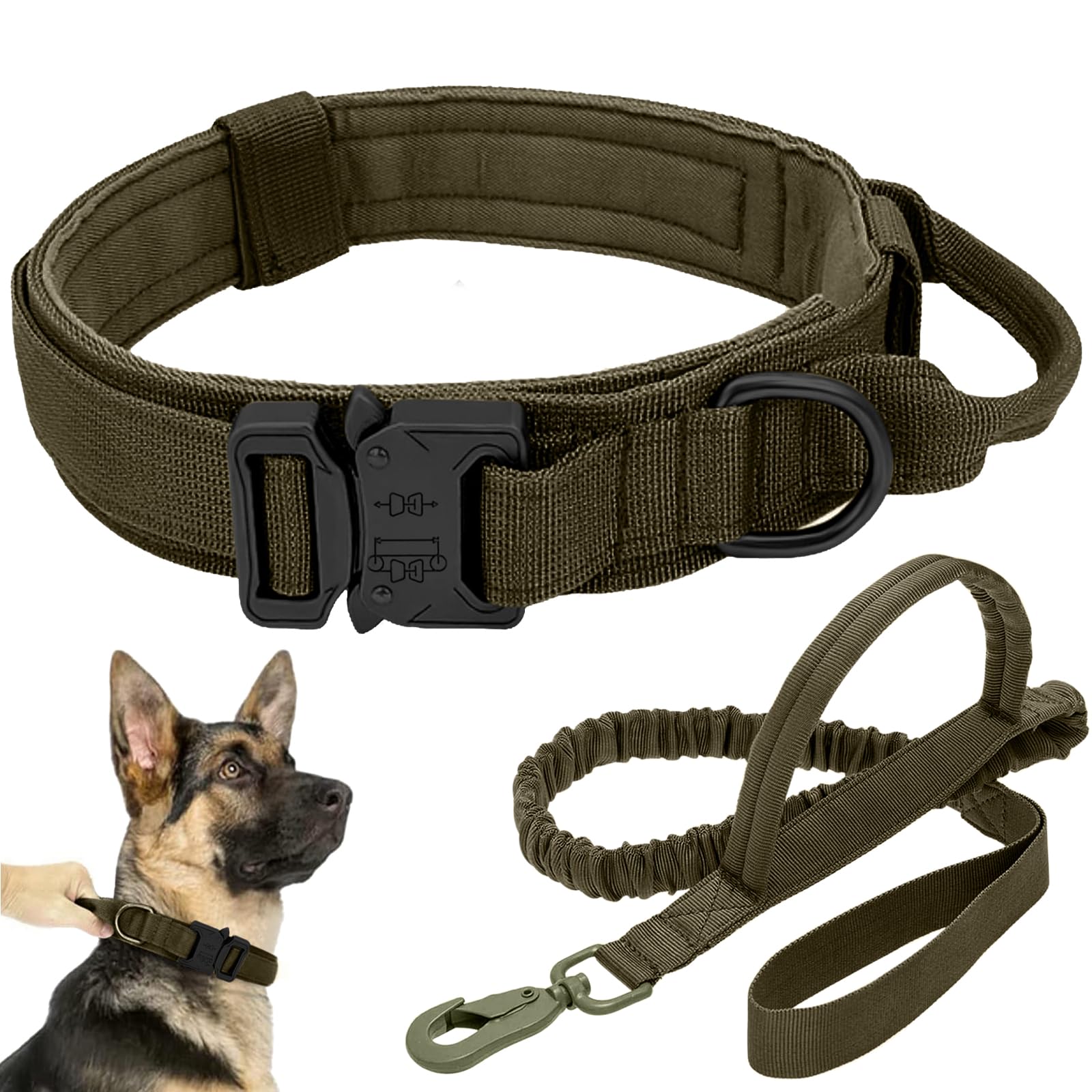 Tactical Dog Collar Leash Set, Adjustable Military Training Nylon Collar Dog Training with Control Handleand Metal Buckle, Dog Collar for Medium Large