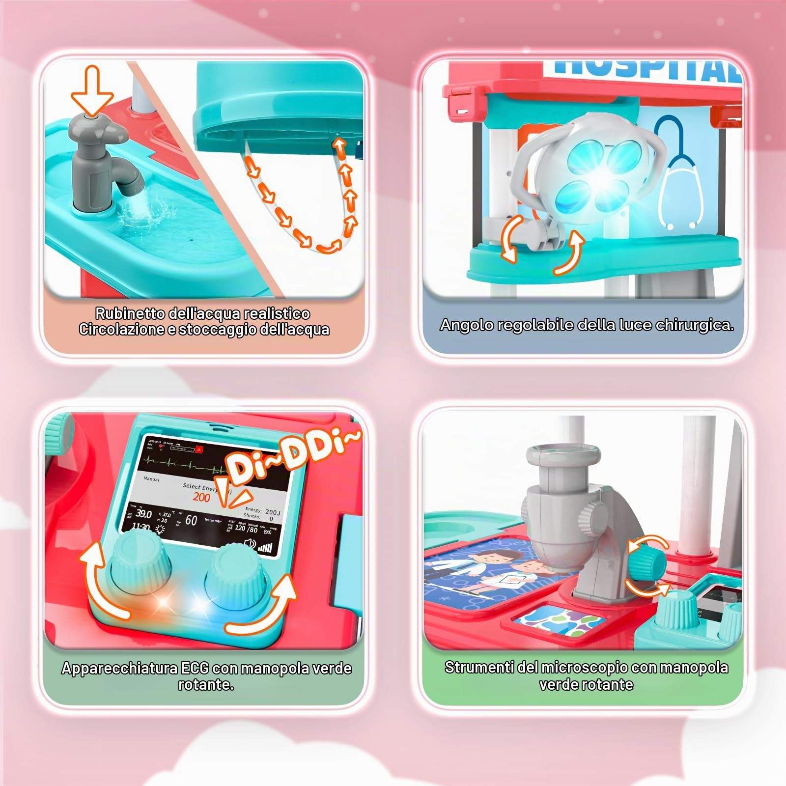 deAO Kit Medico Giocattolo Dottore, con Stetoscopio Siringa Suoni e Luci | Stazioni Mediche Valigetta con Microscopio, Simulazione Dottore Medico, Gioco di Ruolo, Regalo Compleanno Natale
