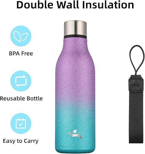 Miniatura 3 de Botella de agua aislada con correa, botellas de acero inoxidable de doble pared de 18 onzas, botella de agua de metal, morado y verde brillante