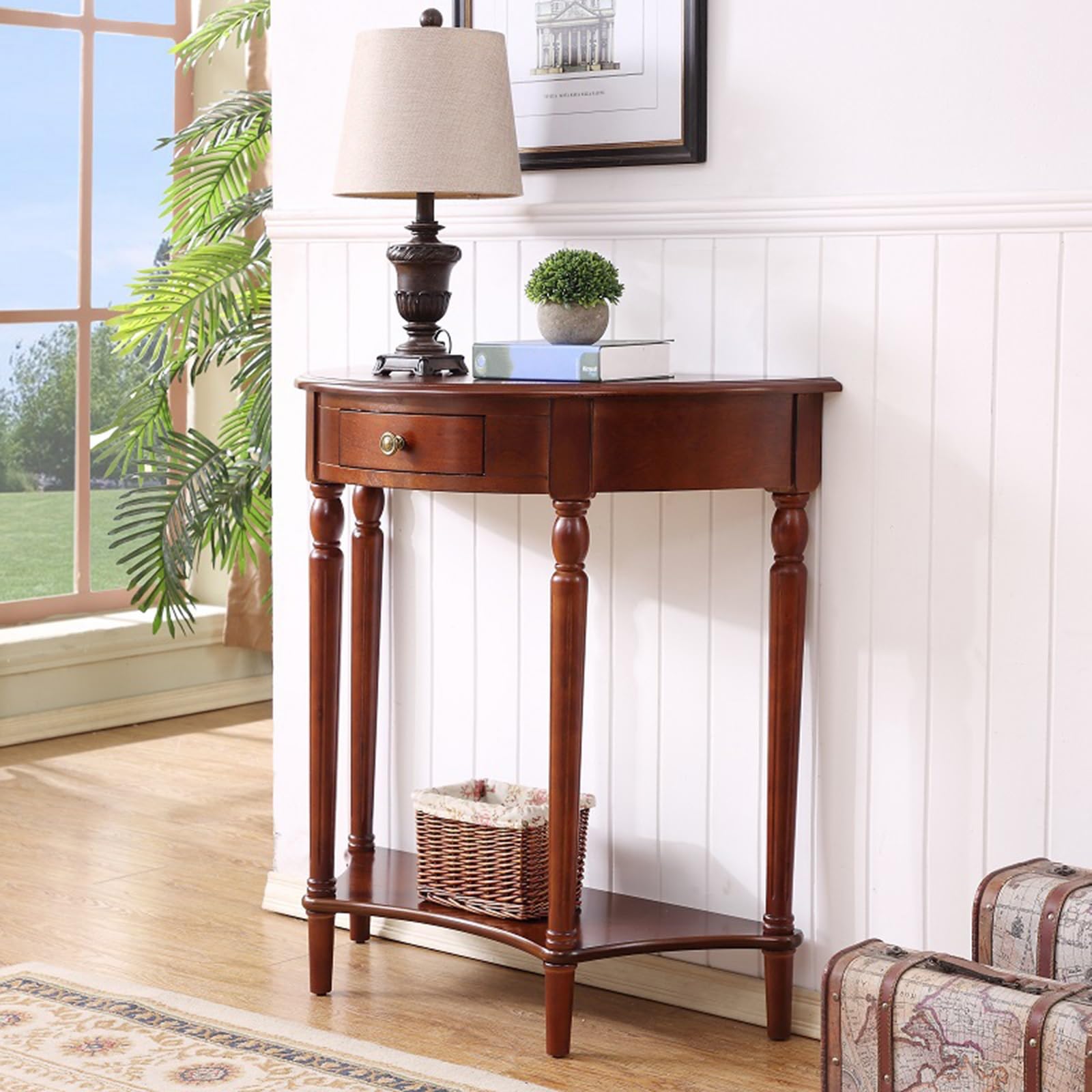 Mesa Consola de Media Luna de Madera Maciza con Cajones y Estantes, Mesa Auxiliar de Entrada de Dos Niveles En Forma de Semicírculo, Elegante Mesa de Sofá Vintage (veta De Madera De Cerezo)(800x350x80