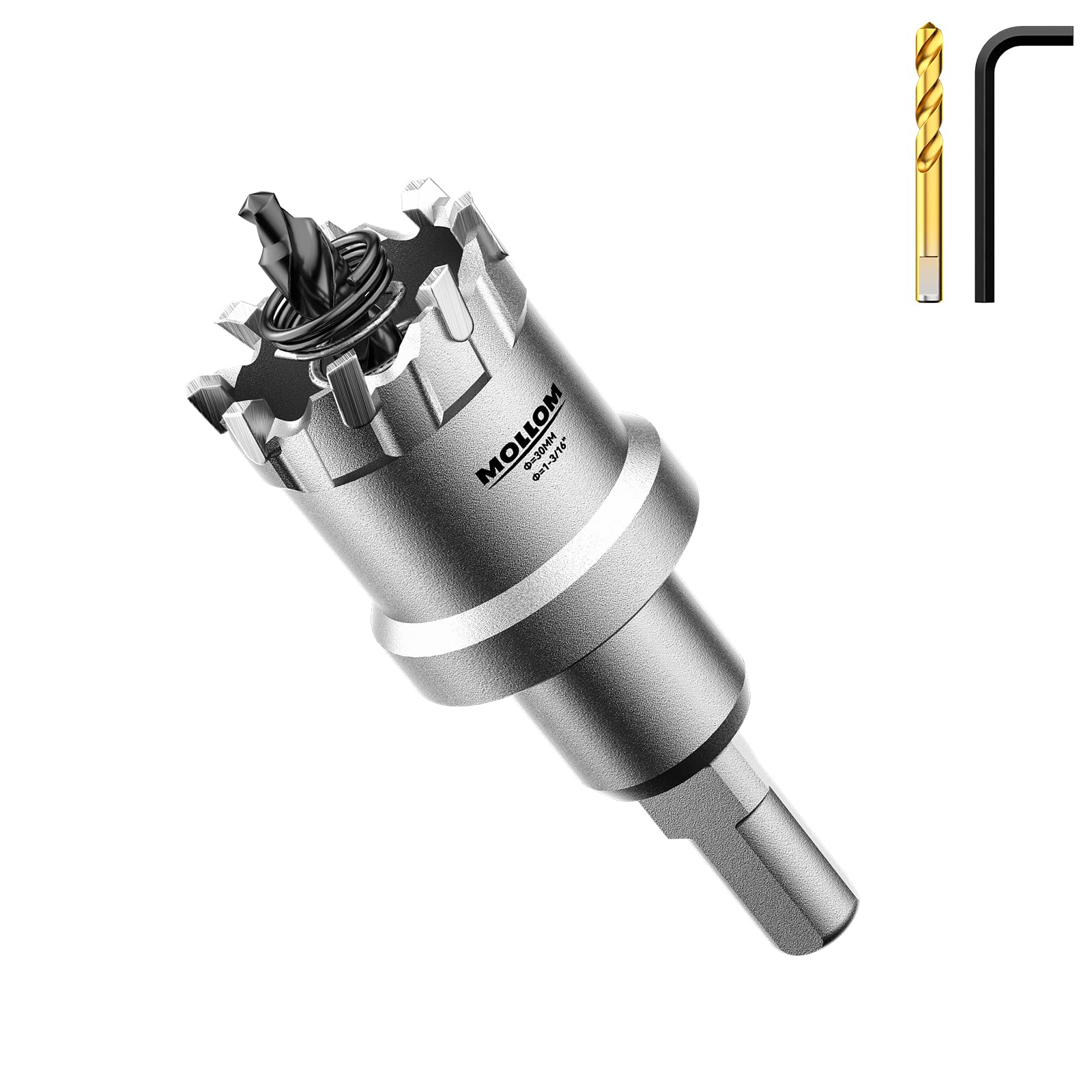 Mollom (1-3/16''|30mm) Heavy Duty Carbide Hole Saw with 2 Pilot Drill Bits, Hole Cutter cuts Stainless Steel, mild Steel, Iron, Copper, Brass, Plastic