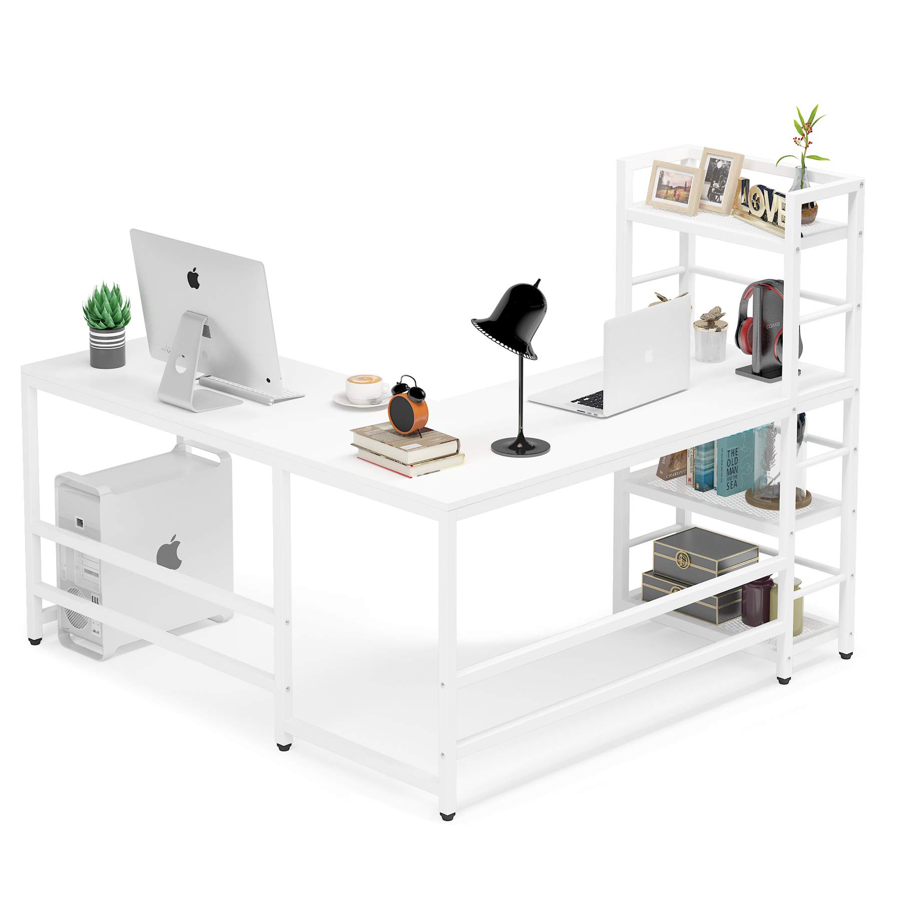 Tribesigns 59 Inch L Shaped Desk with Storage Bookshelf, Reversible