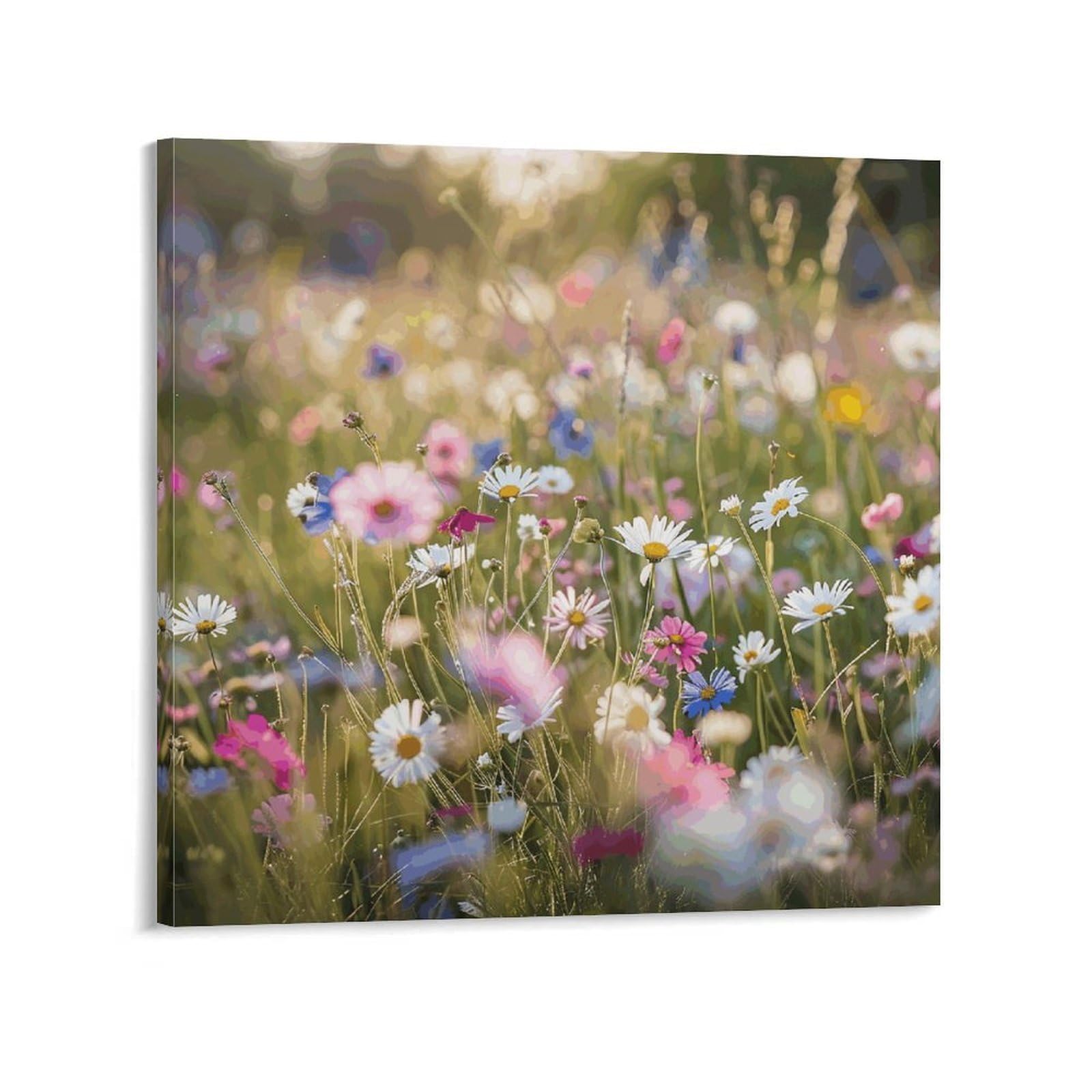 KLOPH Flowers in The Field Canvas Wall Art for Living Room 10x10inch Modern Artwork Painting for Bathroom Hanging Canvas Prints Aesthetic Wallart for Bedroom Kitchen Office Wall Decor