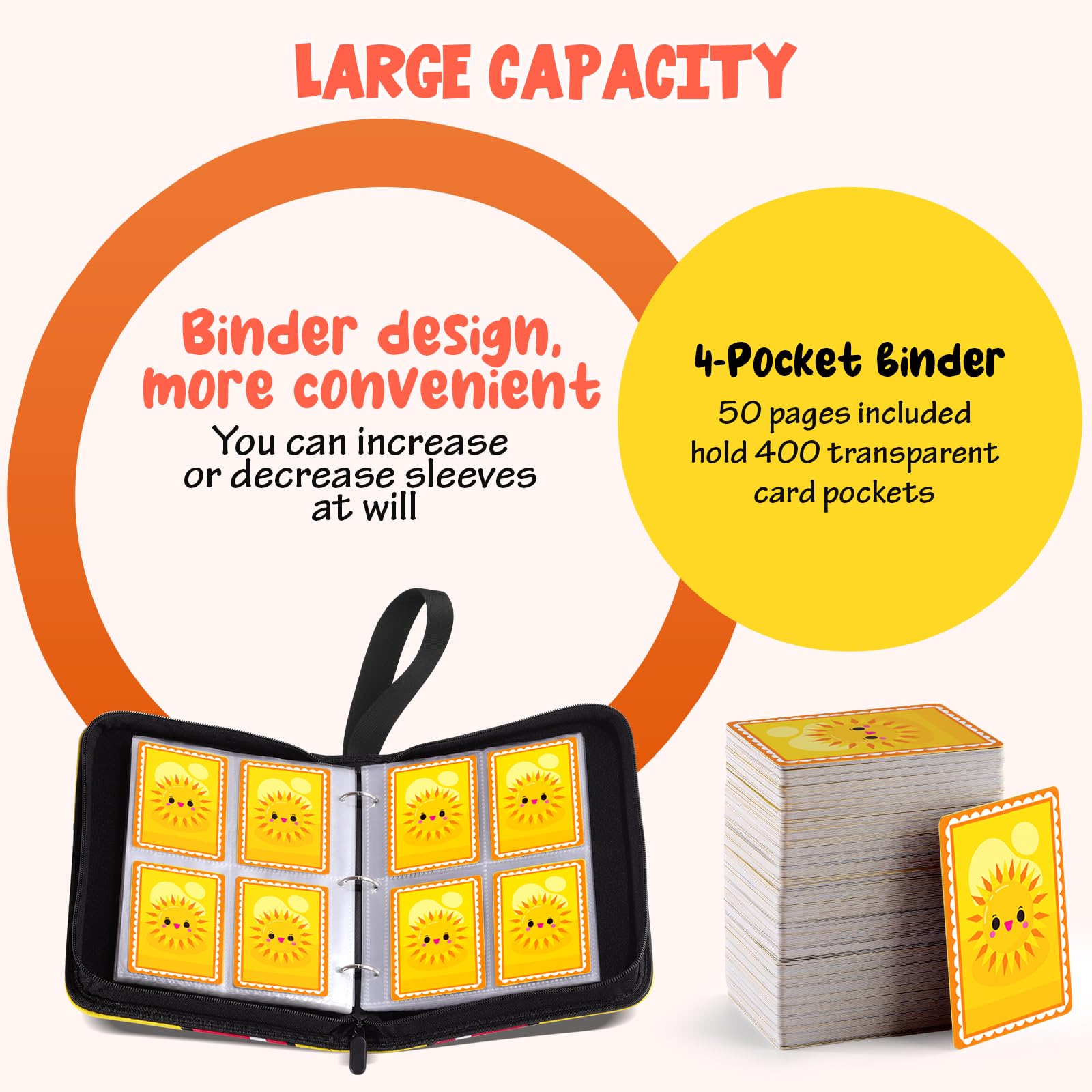 Trading Card Binder-400 Card Holder, 4 Pockets with Removable 50 Sleeves, Card Collector Album with Zipper, Portable Display Storage Holder Book for Sports Card, Game Card(Yellow)