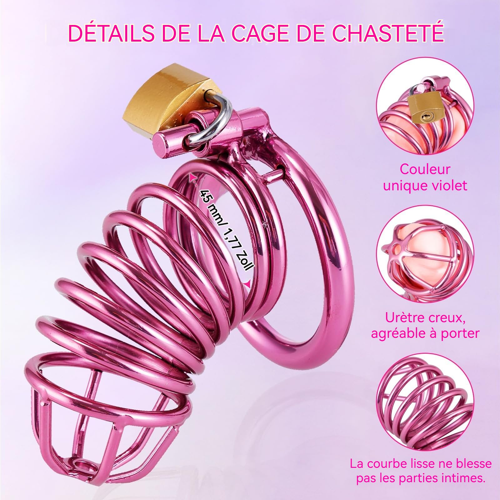 Cage Pour Pénis - Chastity Cage Avec Ceinture De Chasteté, Cage De Chasteté Homme Anneaux En 3 Tailles (4 cm, 4,5 cm, 5 cm) Cock Cage Violette En Métal, Cage Pénis Bondage BDSM Sex Toy Pour Hommes