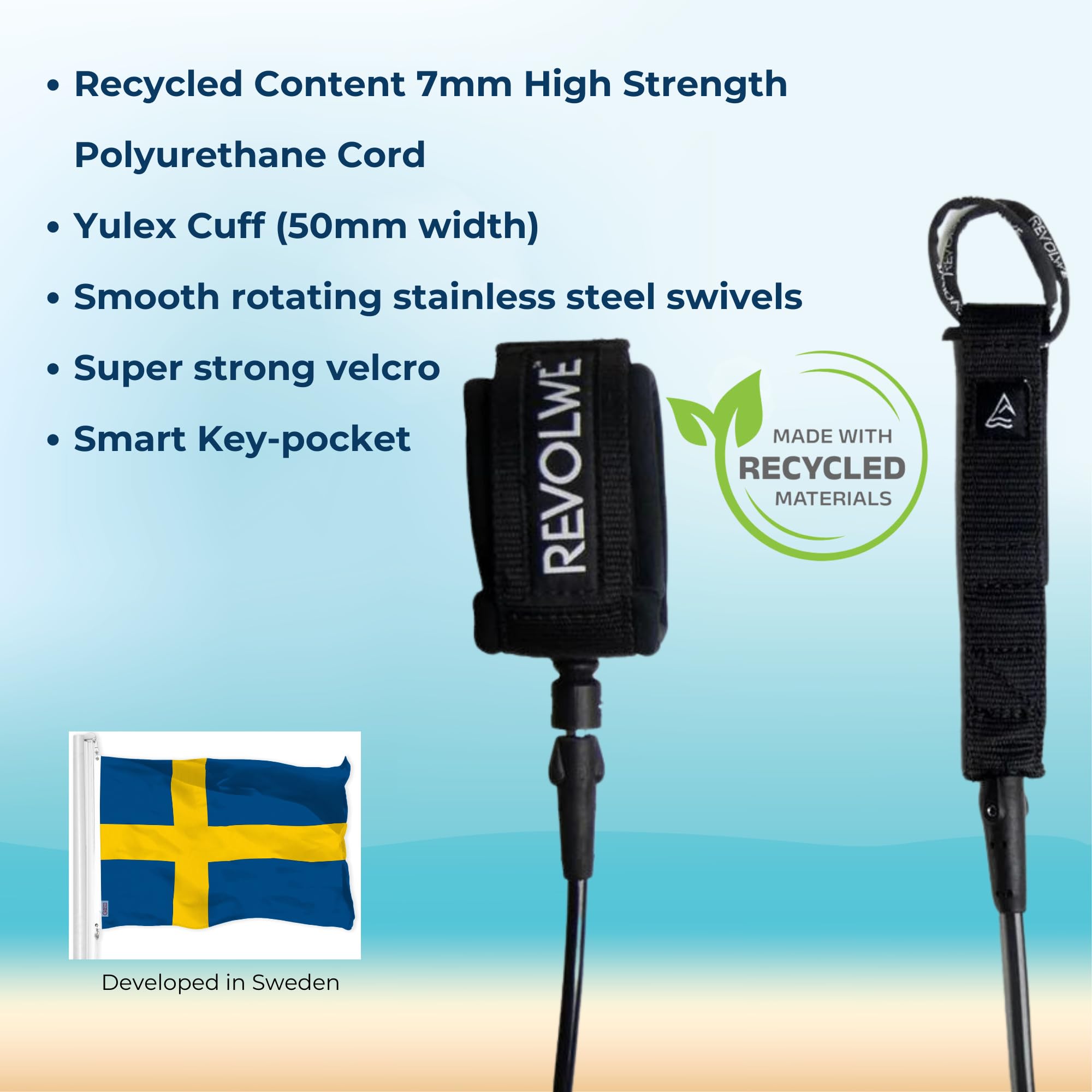 REVOLWE 8' Premium Surfboard Leash made from Recycled Materials Surf Leash 8' Surf Board Leash, Maximum Strength, Lightweight Surf Leash for Longboard