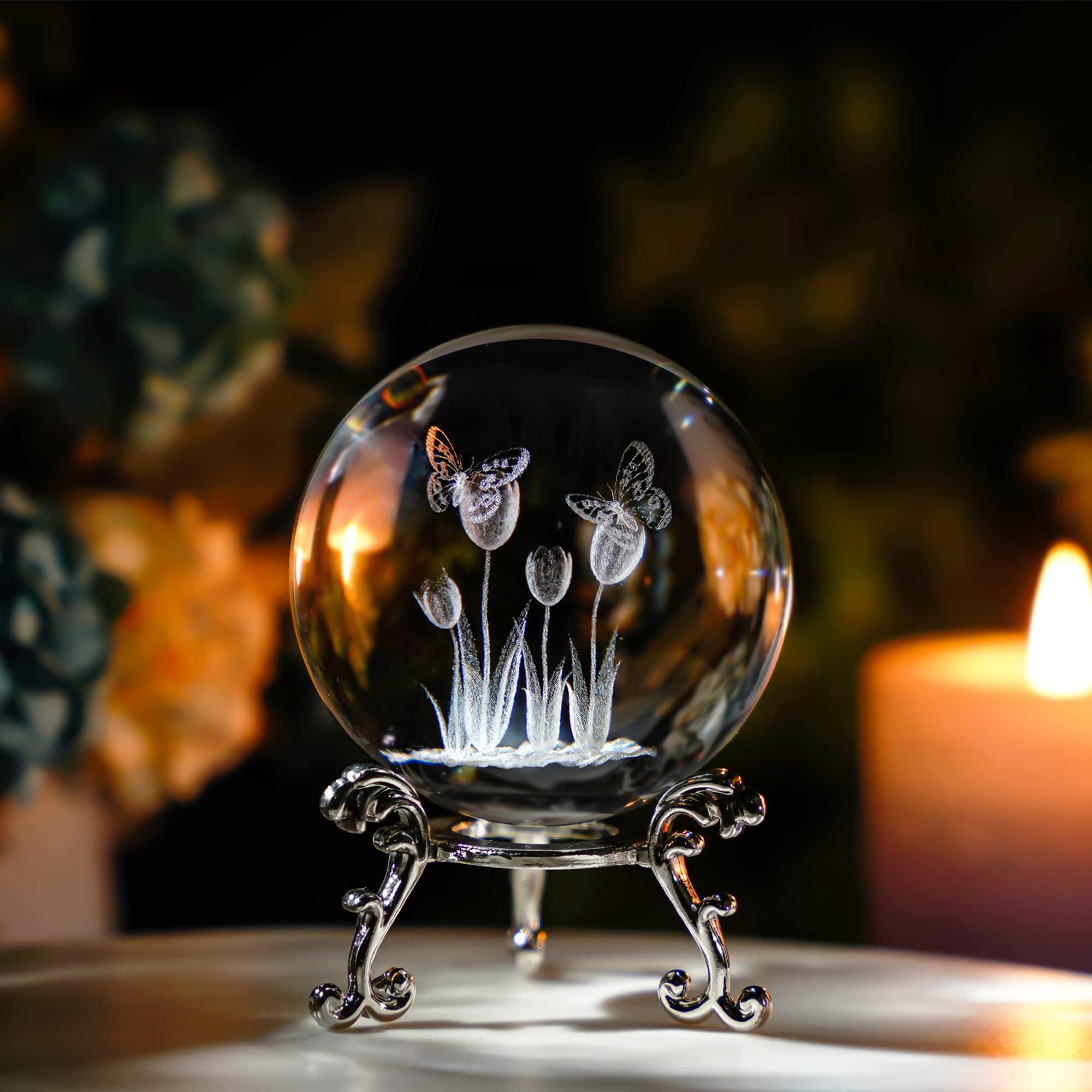 3D Laser Crystal Tulip Ball with Butterflies Paperweight - 60mm Engraving Decorative Balls Glass Full Sphere Figurine Decor