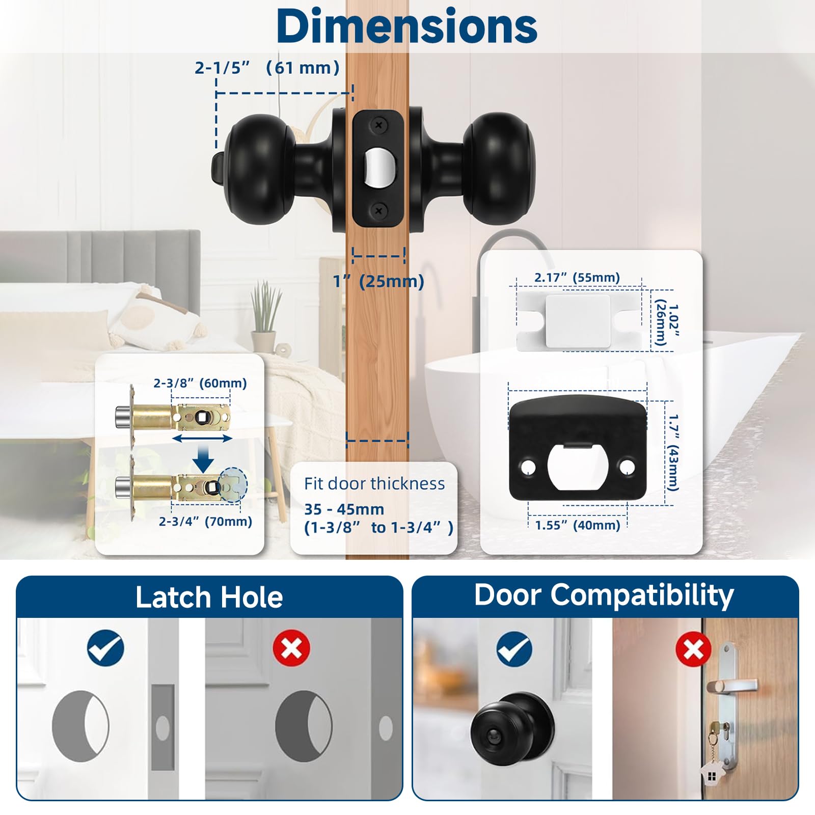 Estmoon Paquete de 6 pomos negros para puerta interior, para dormitorio, baño, privacidad, bola redonda