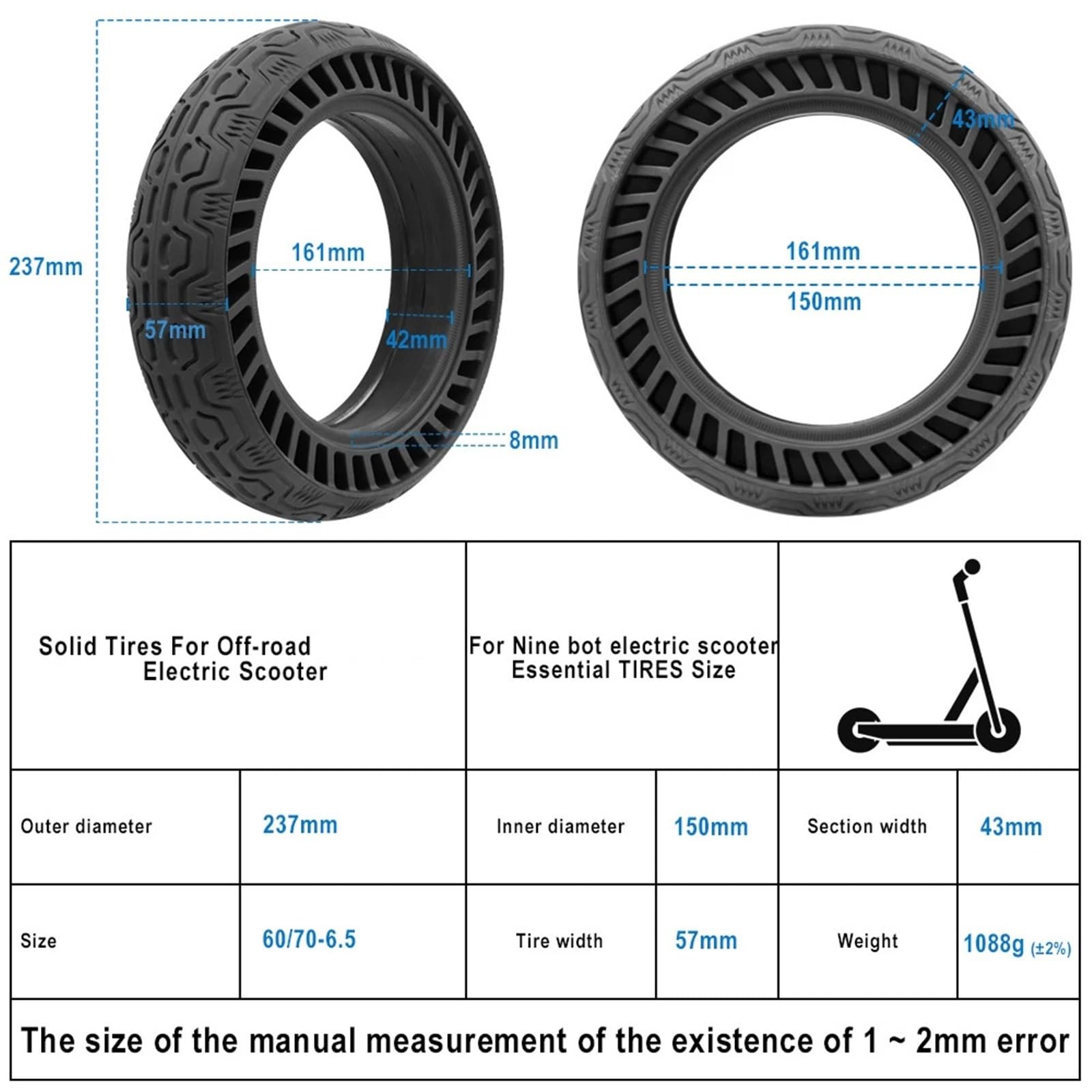 Neumáticos sólidos for patinete eléctrico, compatibles con Segway, Ninebot, Max G30 G30D, antideslizantes, de 10 pulgadas, 60/70-6,5, neumáticos repuesto x 2,50 rueda de scooter de goma maciza