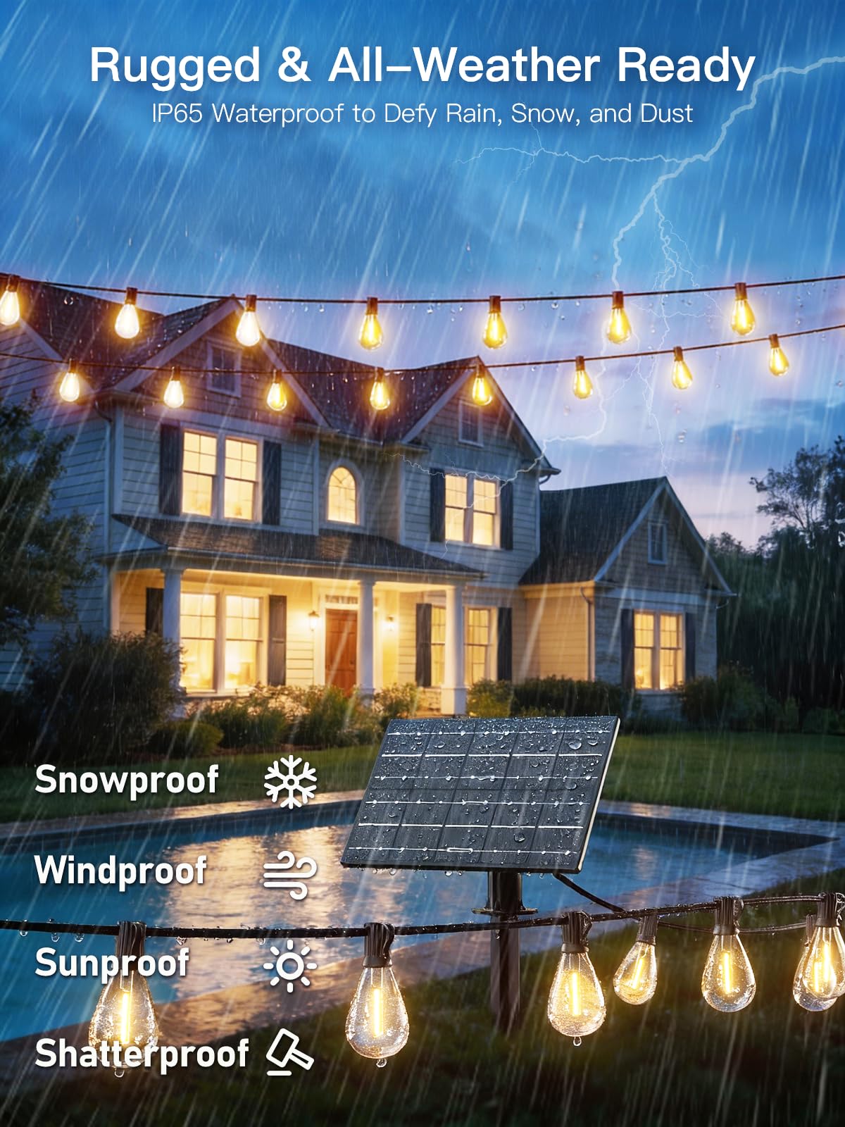 100FT Solar String Lights Outdoor Waterproof, 35+1 LED Solar Powered Lights with Remote Control, 3 Light Modes & Dimmable, USB-C Charging for Patio, Backyard, Garden, Camping - 5
