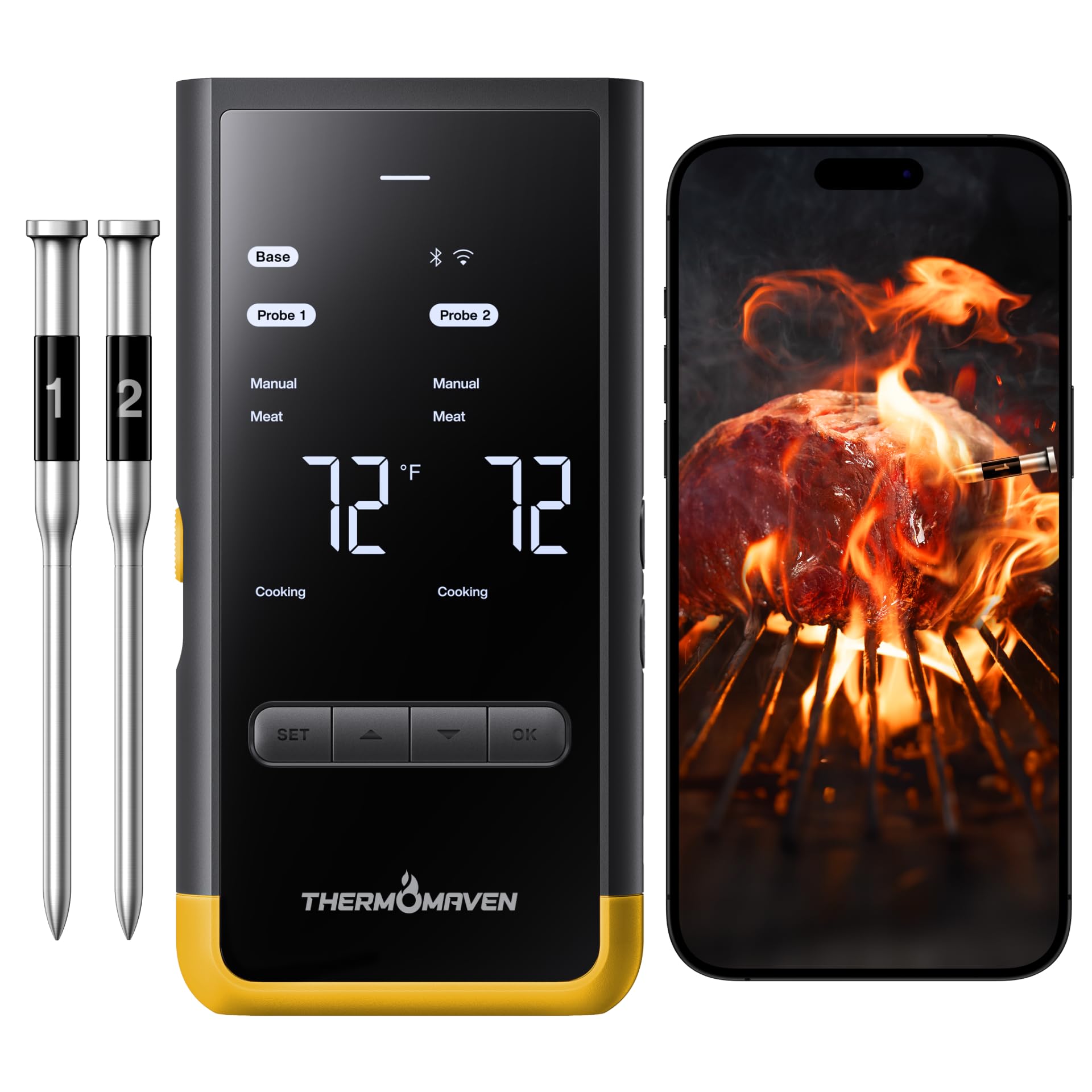 ThermoMaven Smartes Fleischthermometer Kabellose mit Basisstation, Bluetooth & WLAN, 2 Fühler, 6 Sensoren, NIST-zertifiziert, große, stabile WLAN-Reichweite, für Smoker, Backofen & BBQ, Goldgelb