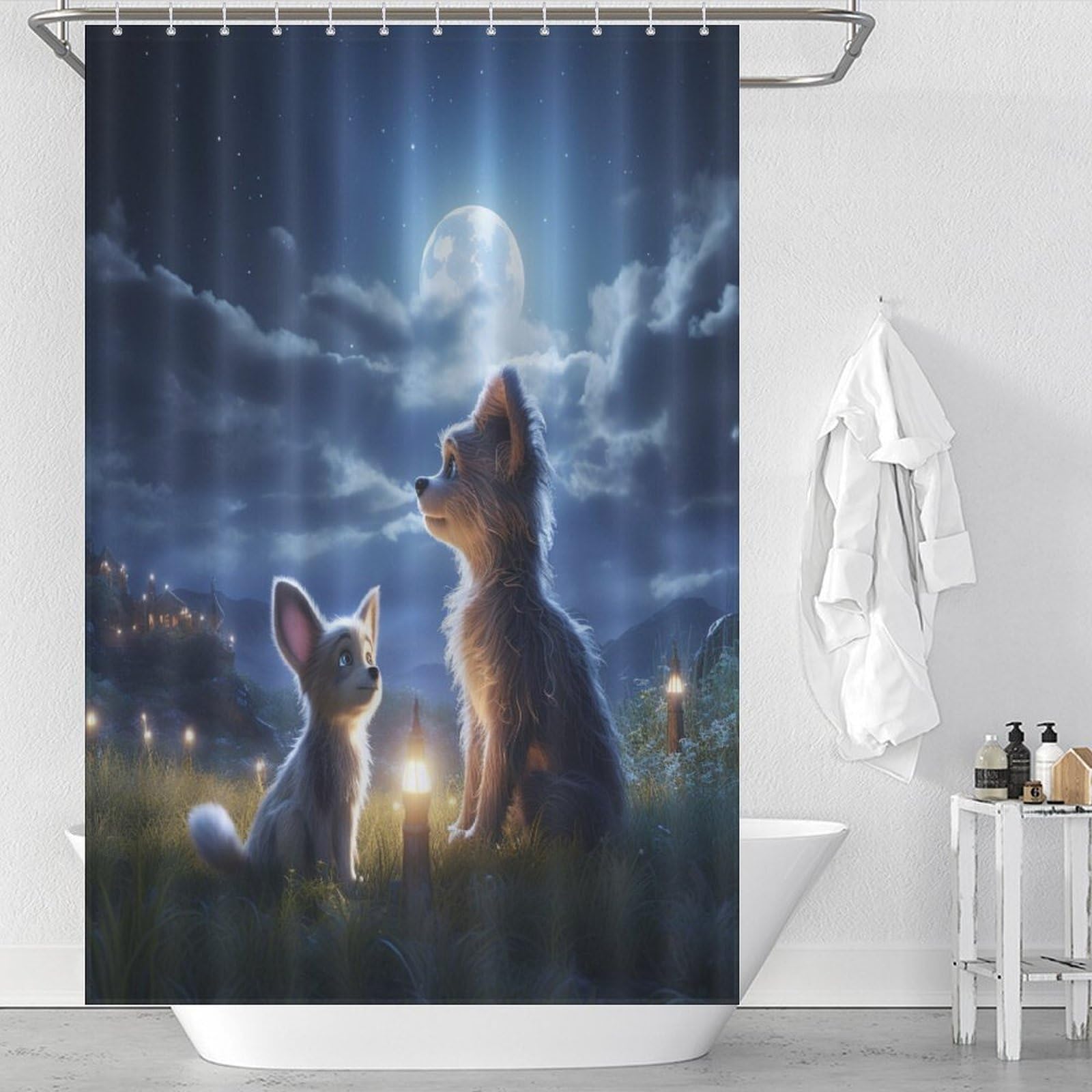 Rideau de douche renard en tissu pour baignoire angle de salle de bain