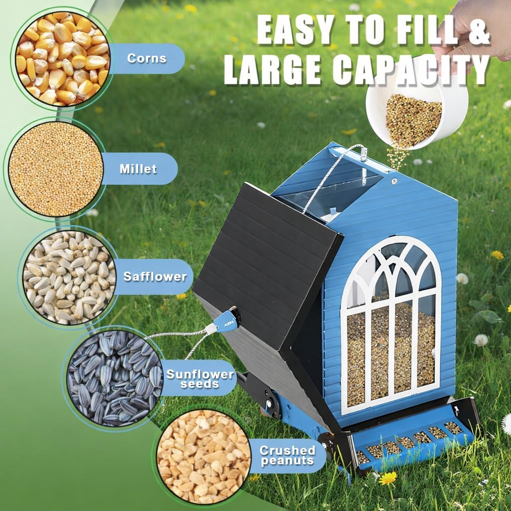 Gbekery Squirrel Proof Bird Feeder for Outdoors,5LB Large Capacity,Metal Wild Bird Seed Feeder with Bilateral Weight-Activated Perches for Outside Hanging,Garden Decoration,Blue