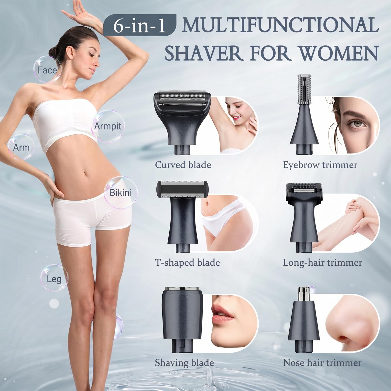 Rasoio Elettrico Donna, 6 in 1 Depilatore Corpo Donna, Rasoio Parti Intime Donna IPX5 Impermeabile, Ricaricabile USB, Uso Secco e Bagnato, Rasoio Donna per Viso, Gambe, Ascelle, Bikini, Naso