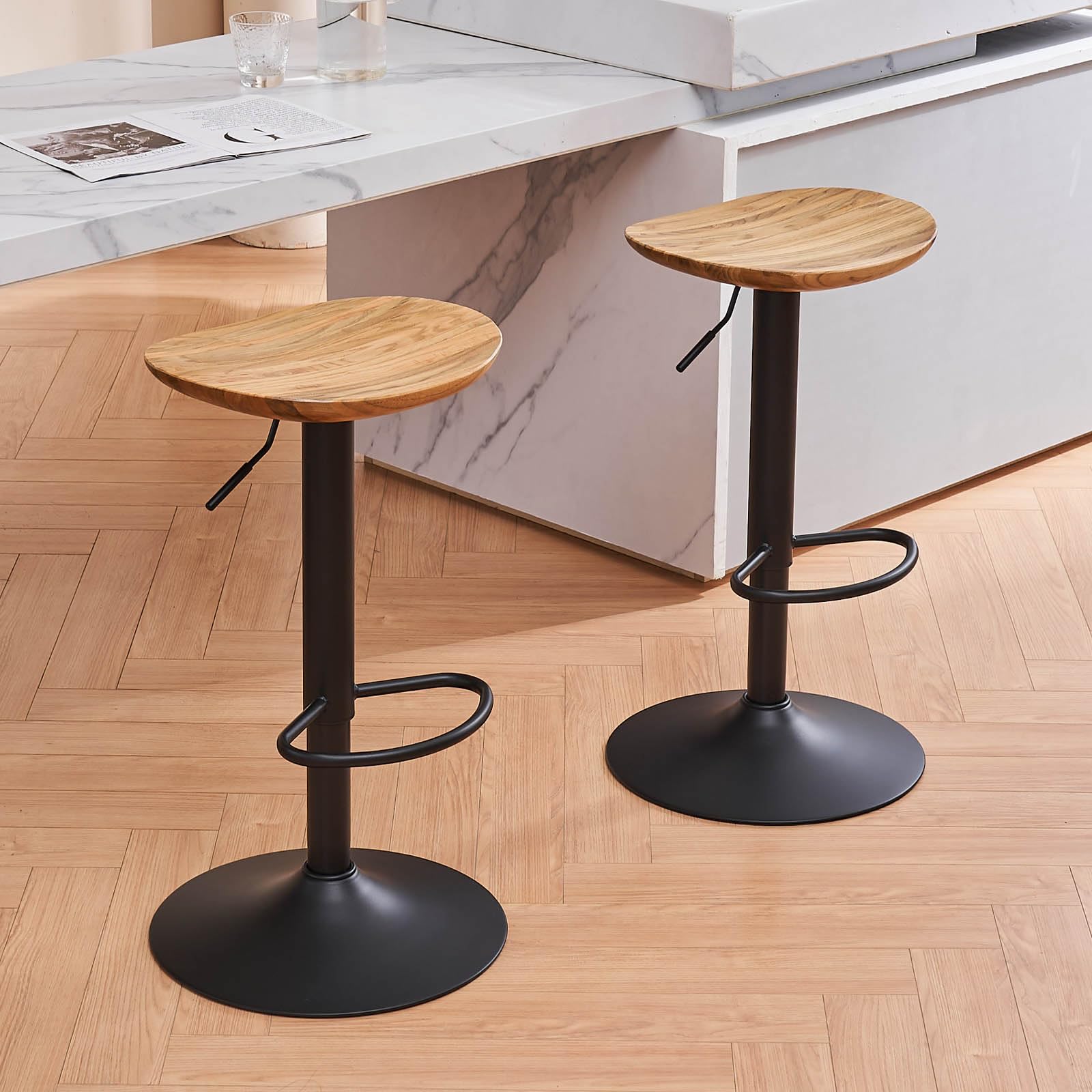 Kidol & Shellder Taburetes de Bar Juego de 2 de Madera Maciza Base Metálica Giratoria Ajustable en Altura Fácil de Montar Moderna Encimera de Cocina Industrial…