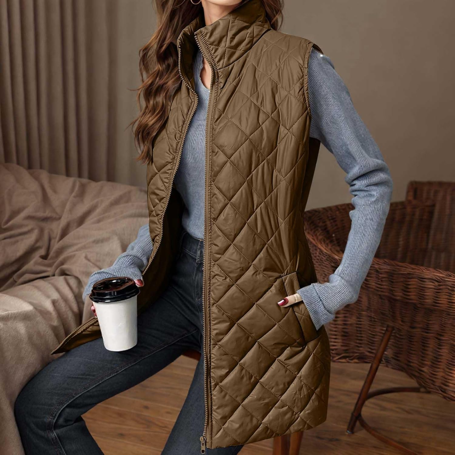 Puffer Vest Women Long Trendy Plain Sleeveless Quilted Jacket Zip Up Lightweight Warm Padded Gilet Coat Outerwear - Image 6
