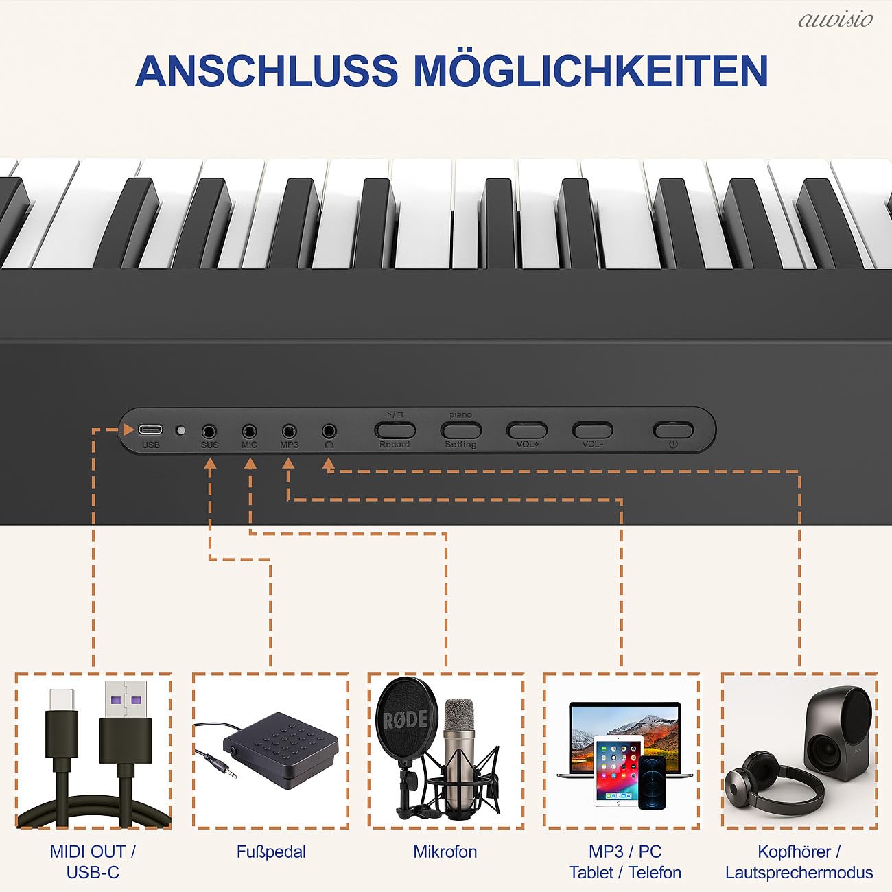 auvisio E Piano: Faltbares Klavier, 88 halbgewichtete Leuchttasten, MIDI, App, Tasche (MIDI Keyboard 88, Keyboard-Pianos, Party)